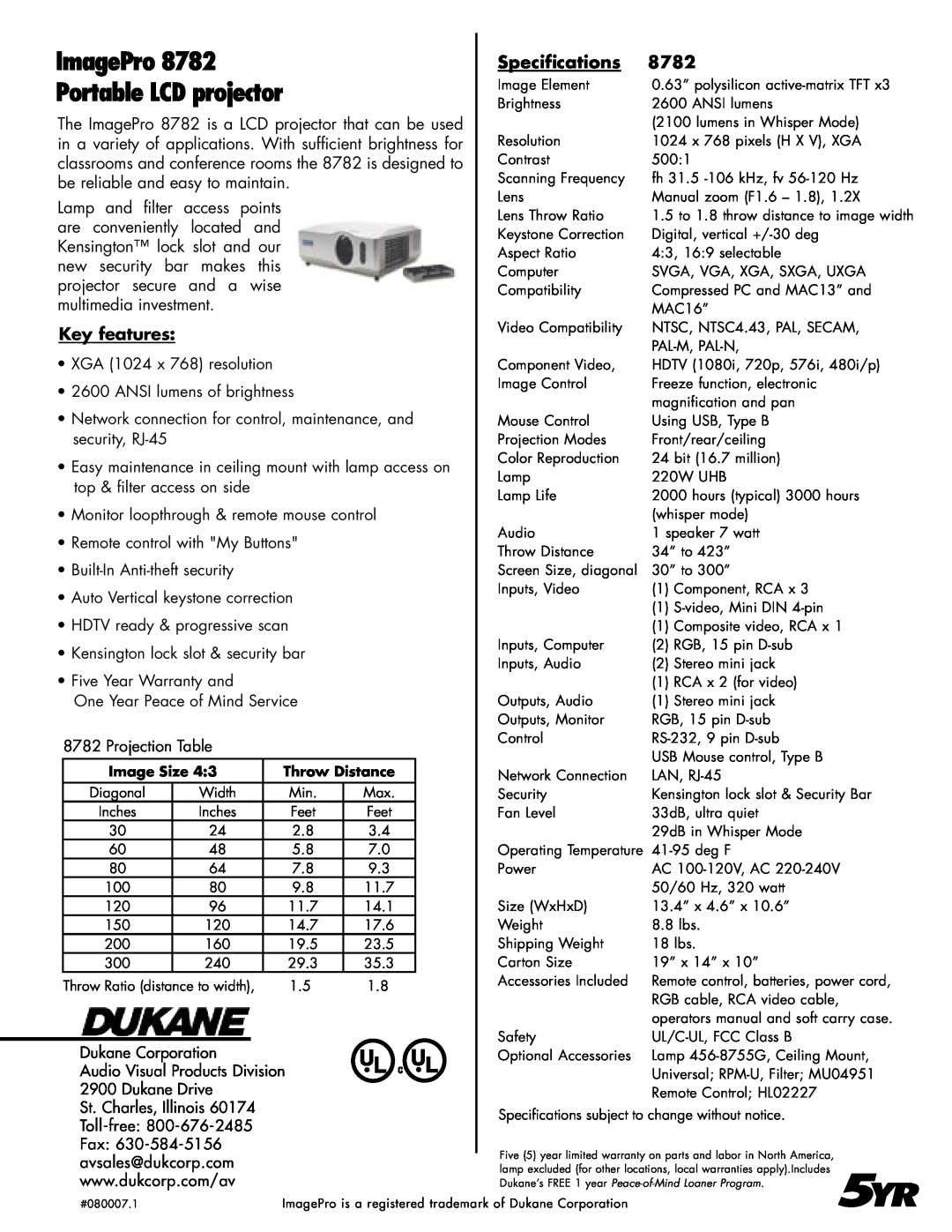 Dukane 8782 manual ImagePro, Portable LCD projector, Specifications, Key features 