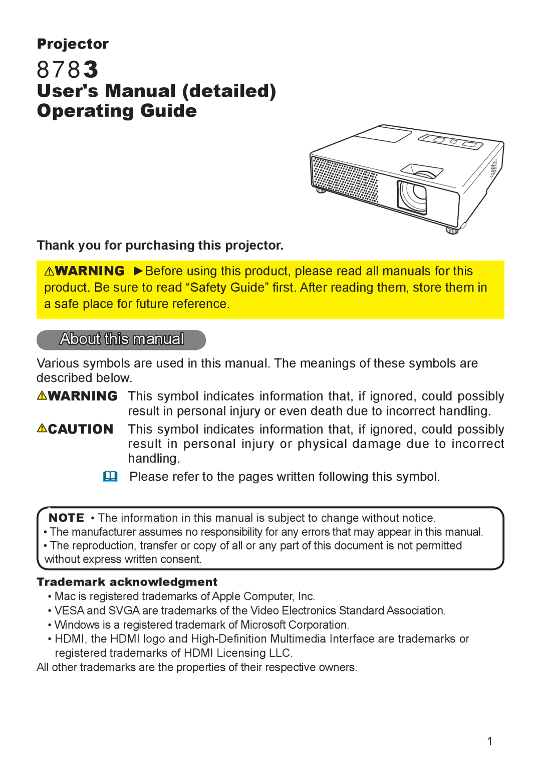 Dukane 8783 user manual About this manual, Thank you for purchasing this projector, Trademark acknowledgment 