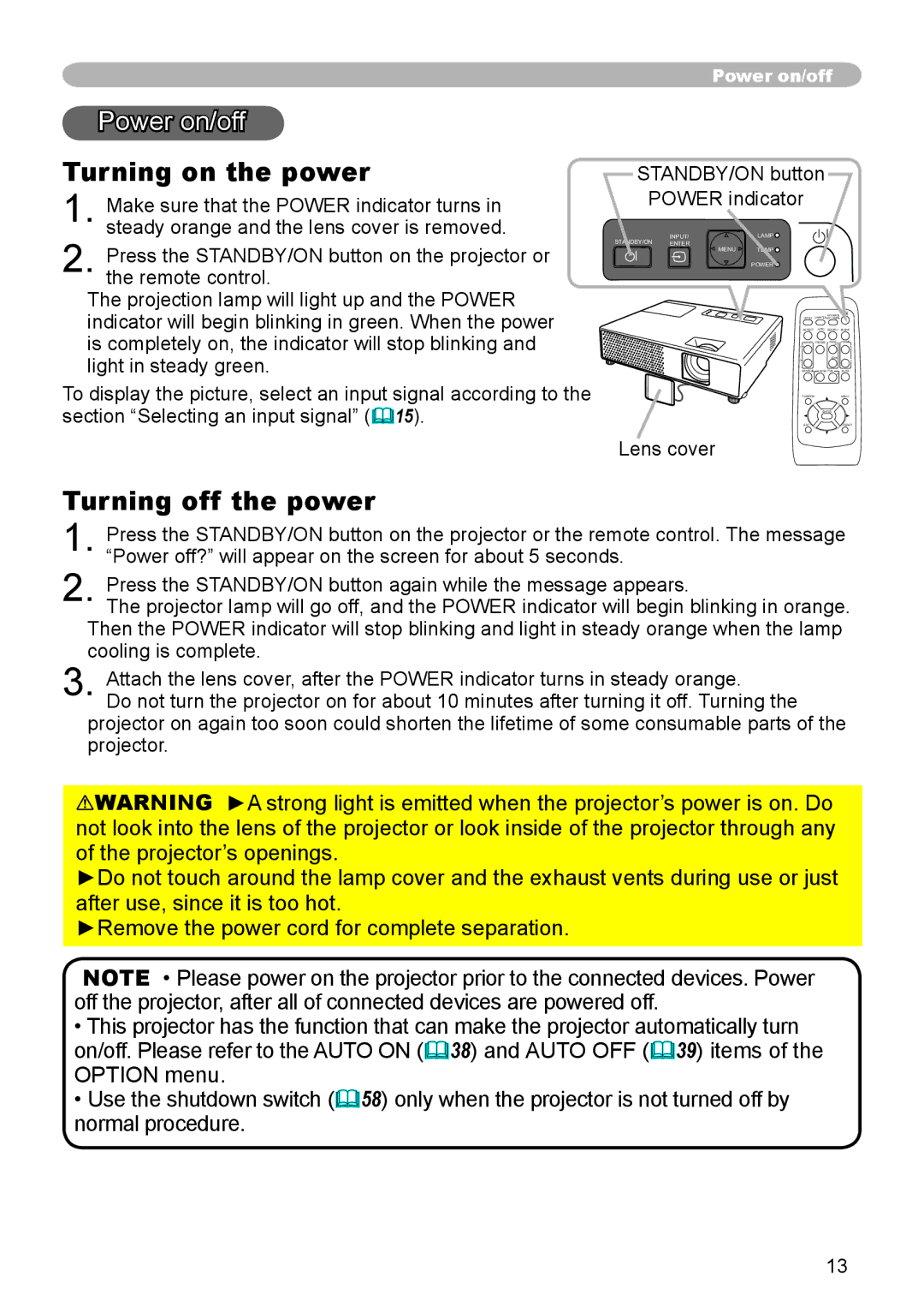 Dukane 8783 Power on/off, Turning on the power, Turning off the power, STANDBY/ON button Power indicator, Lens cover 