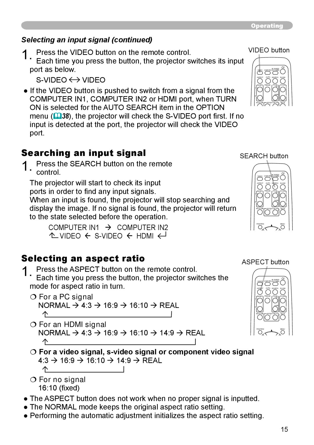 Dukane 8783 user manual Searching an input signal, Selecting an aspect ratio, Selecting an input signal,  For a PC signal 