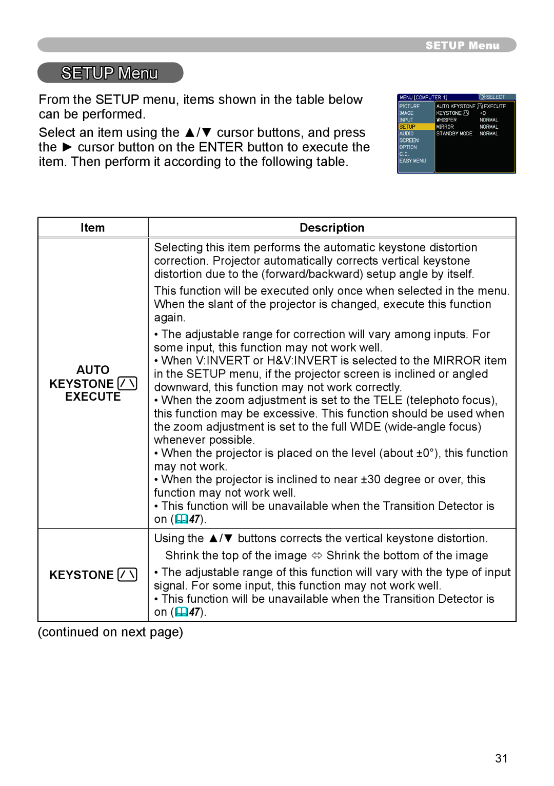 Dukane 8783 user manual Setup Menu 