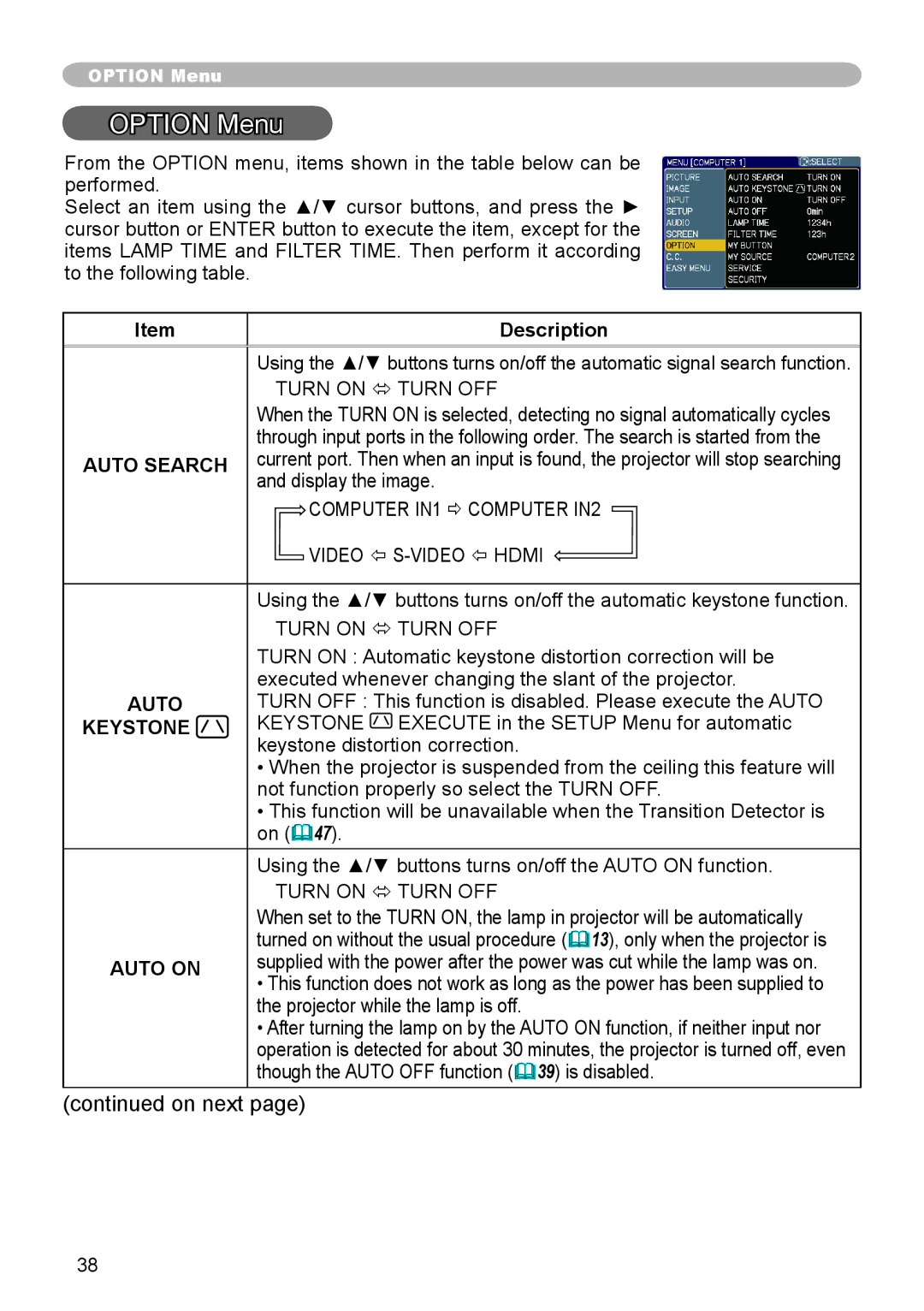 Dukane 8783 user manual Option Menu, Auto Search, Auto on 