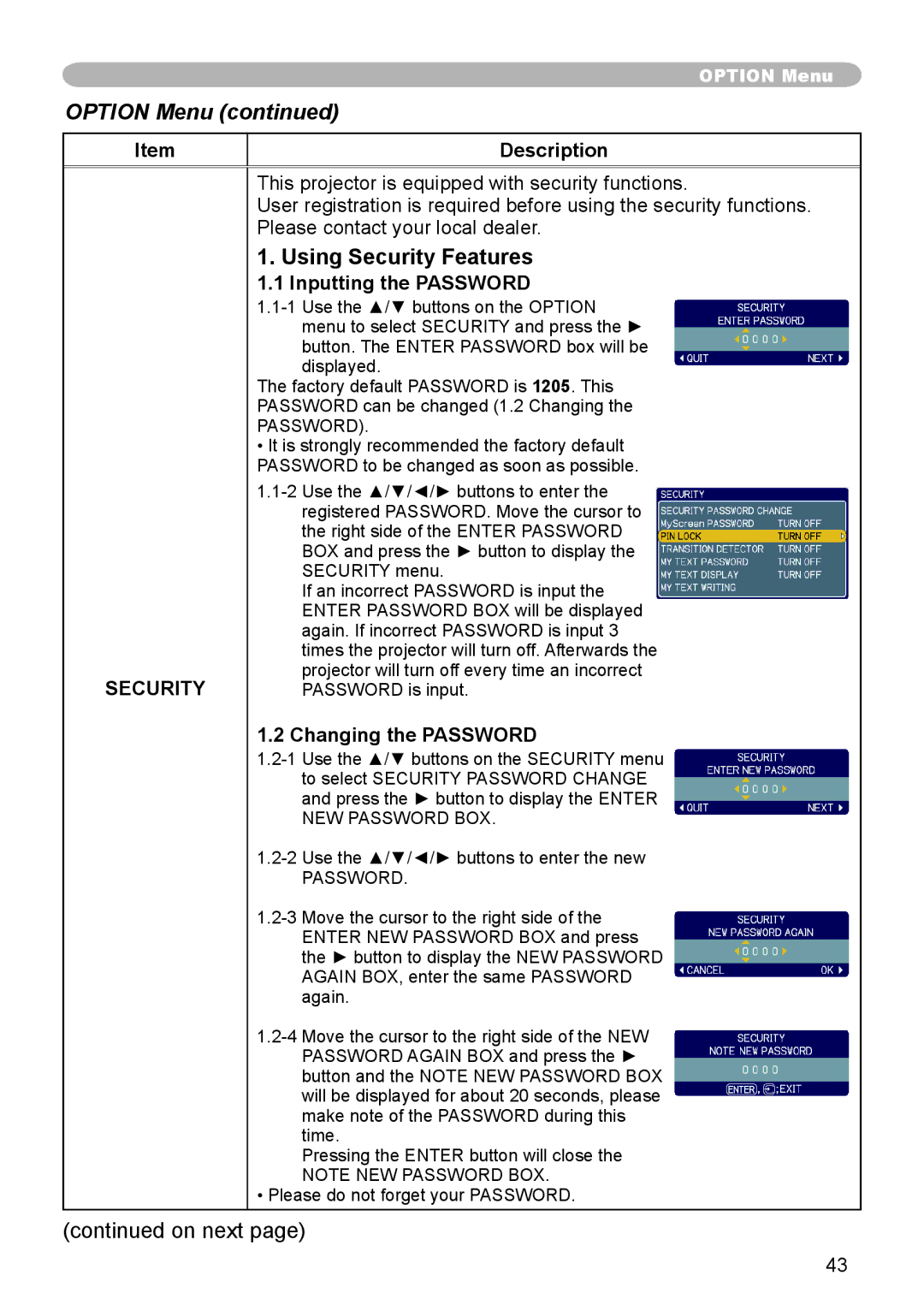 Dukane 8783 user manual Using Security Features, Inputting the Password, Changing the Password 