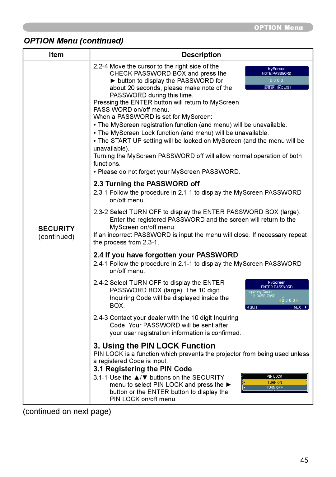 Dukane 8783 Using the PIN Lock Function, Description Security, Turning the Password off, Registering the PIN Code 