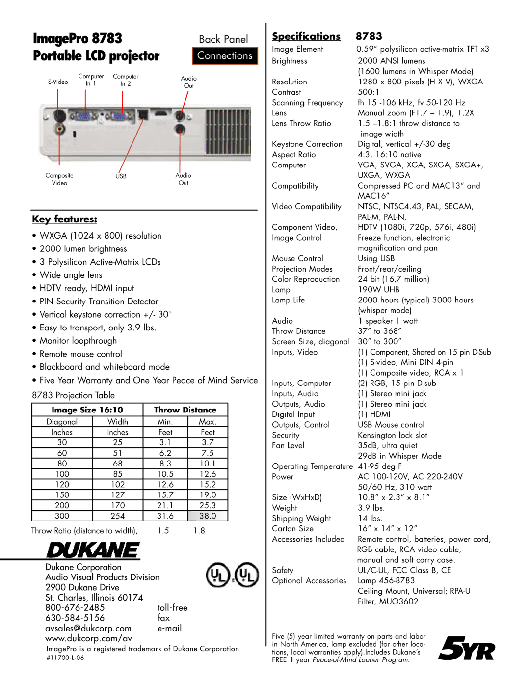 Dukane manual Key features, Specifications 8783 