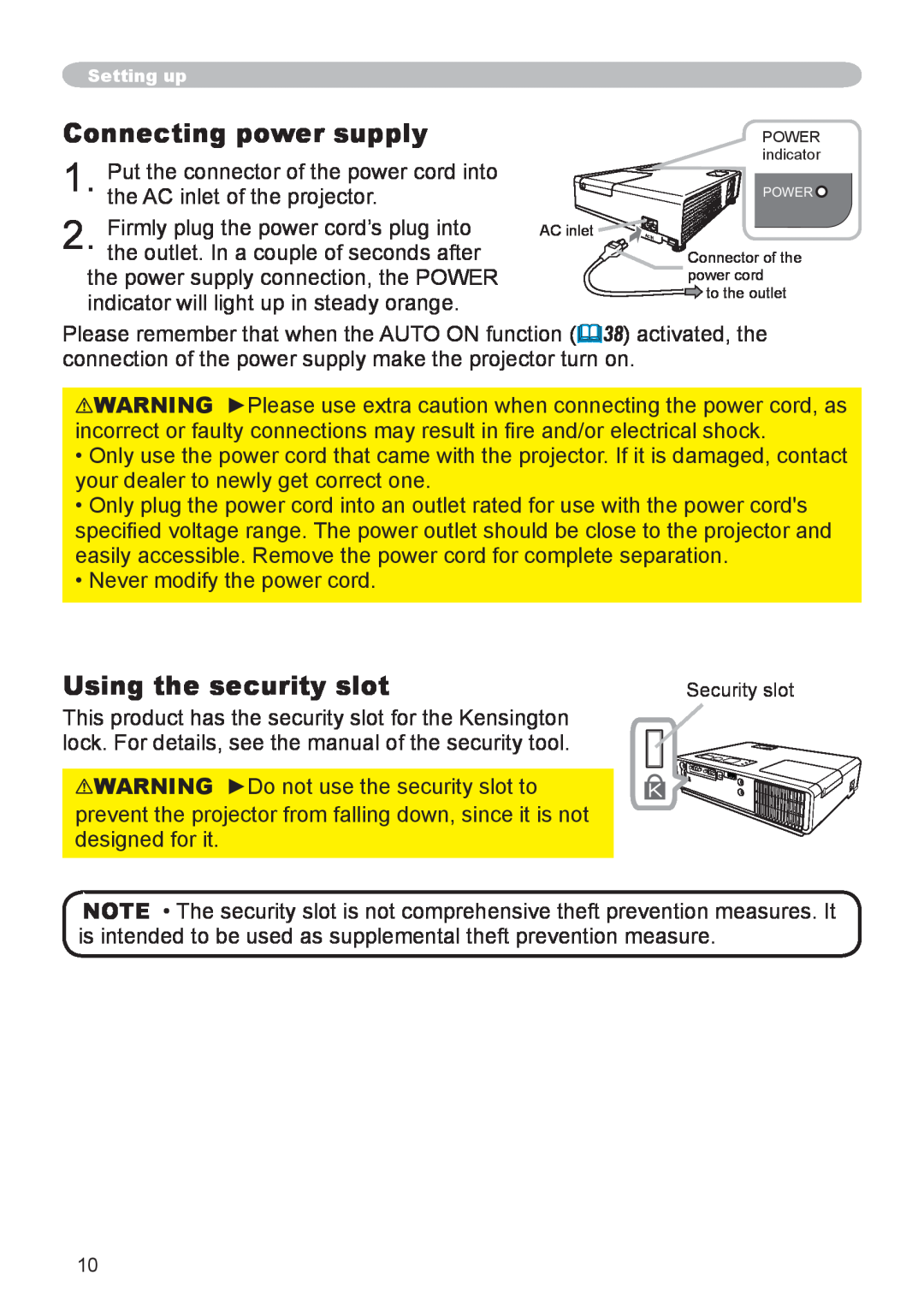 Dukane 8783 user manual Connecting power supply, Using the security slot 