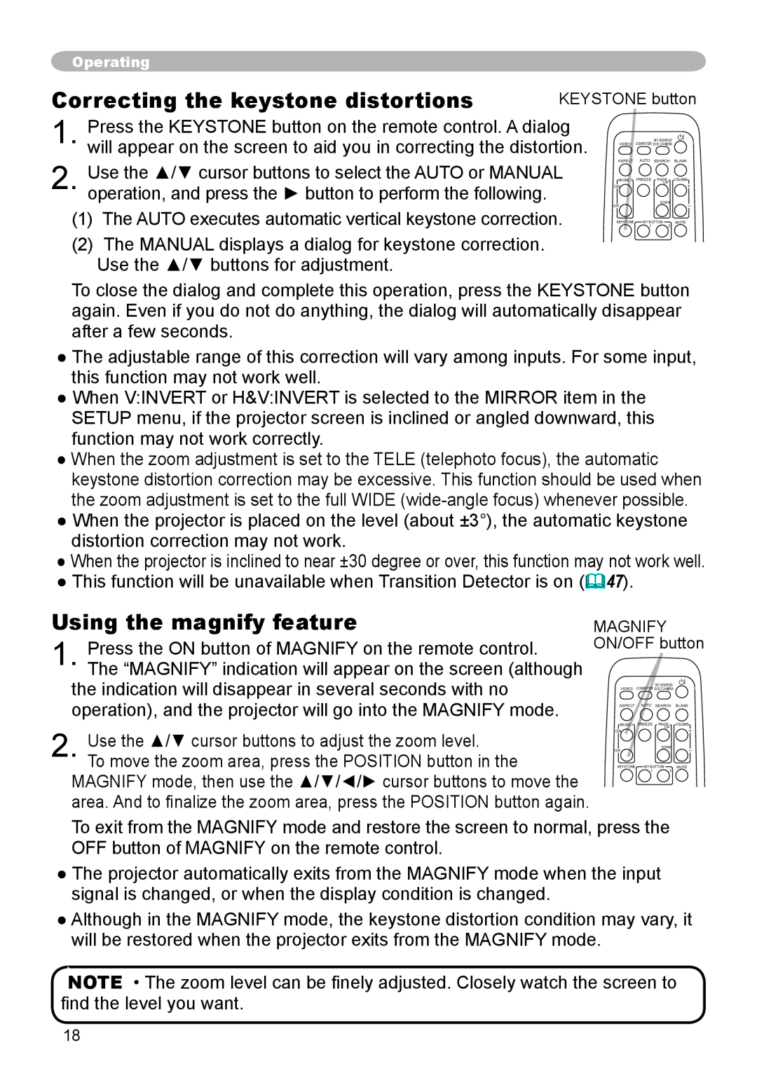 Dukane 8783 user manual Correcting the keystone distortions, Using the magnify feature 