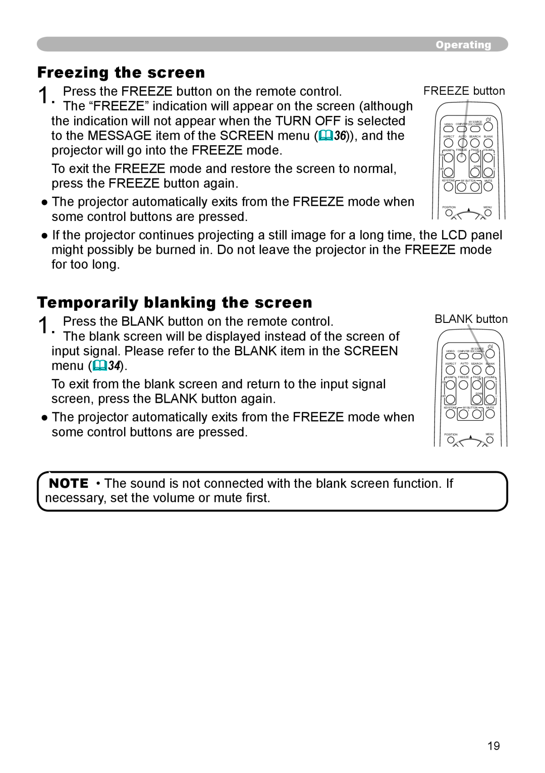 Dukane 8783 user manual Freezing the screen, Temporarily blanking the screen, FREEZE button, BLANK button 
