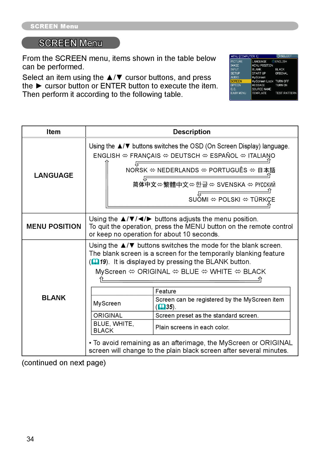 Dukane 8783 user manual SCREEN Menu, Description, Language, Blank 