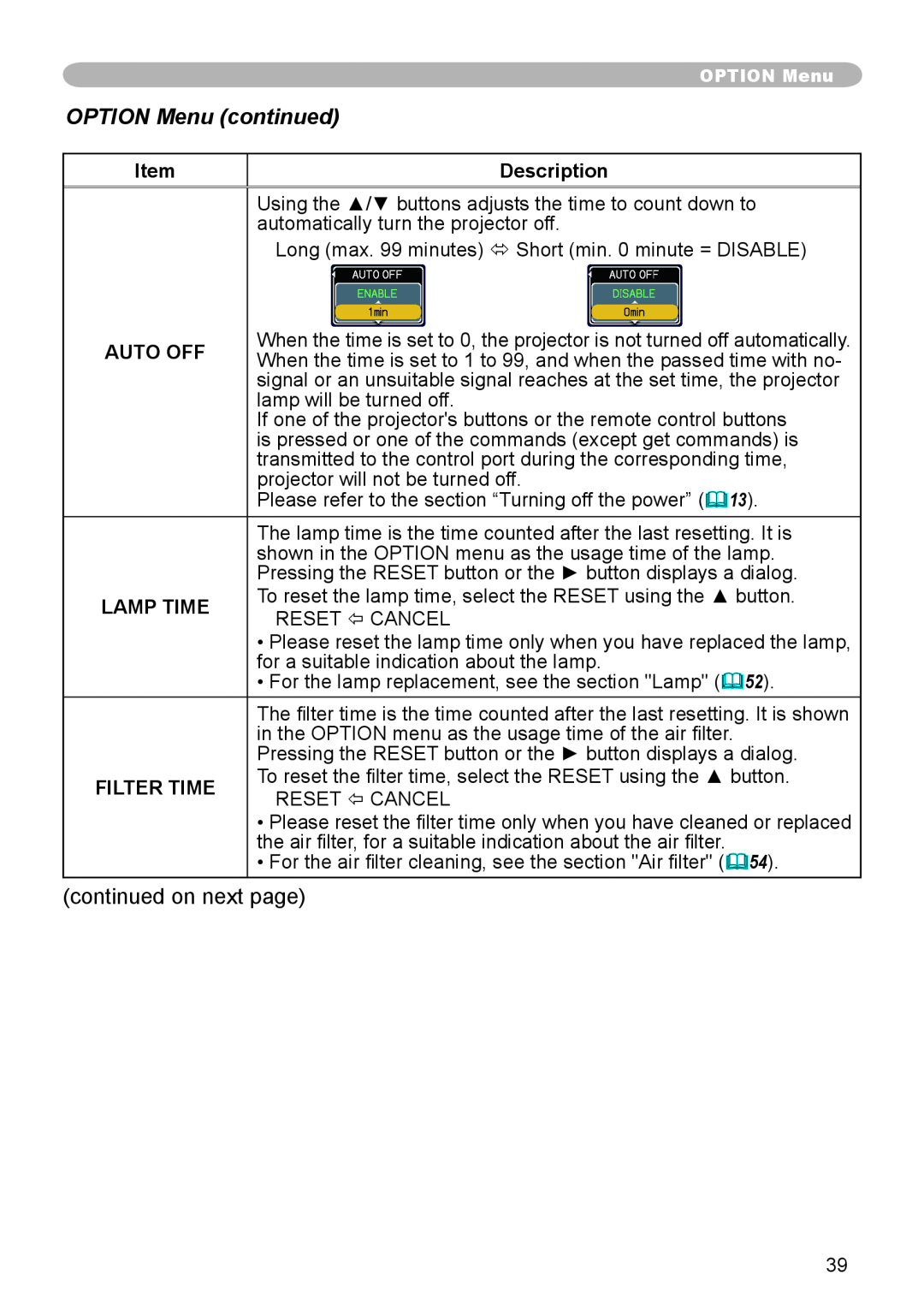 Dukane 8783 user manual OPTION Menu continued, Description, Auto Off, Lamp Time, Filter Time 