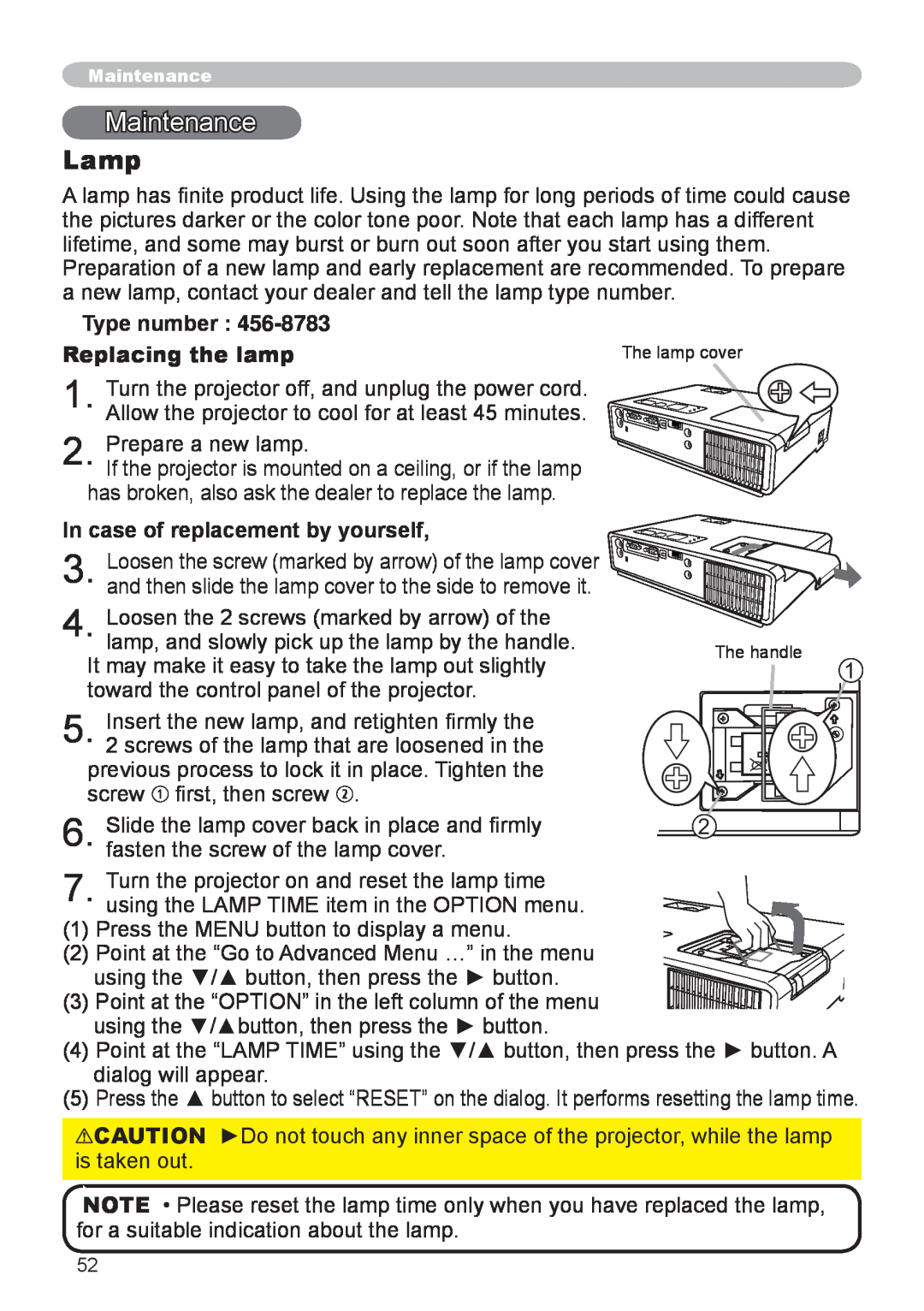 Dukane 8783 user manual Maintenance, Lamp, Type number Replacing the lamp, In case of replacement by yourself 