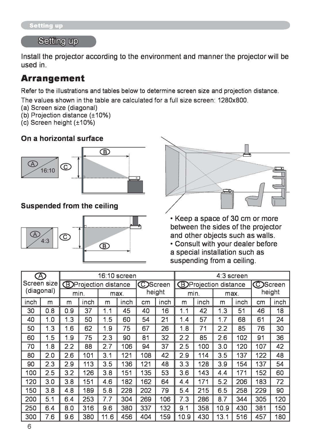 Dukane 8783 user manual Setting up, Arrangement, On a horizontal surface, Suspended from the ceiling 