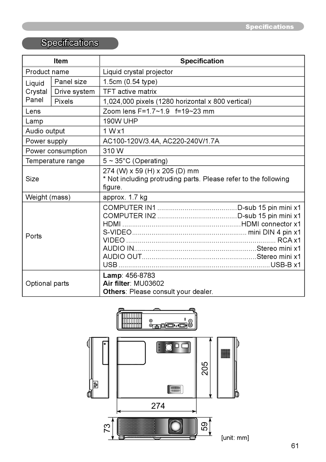 Dukane 8783 user manual Specifications, Air filter MU03602 