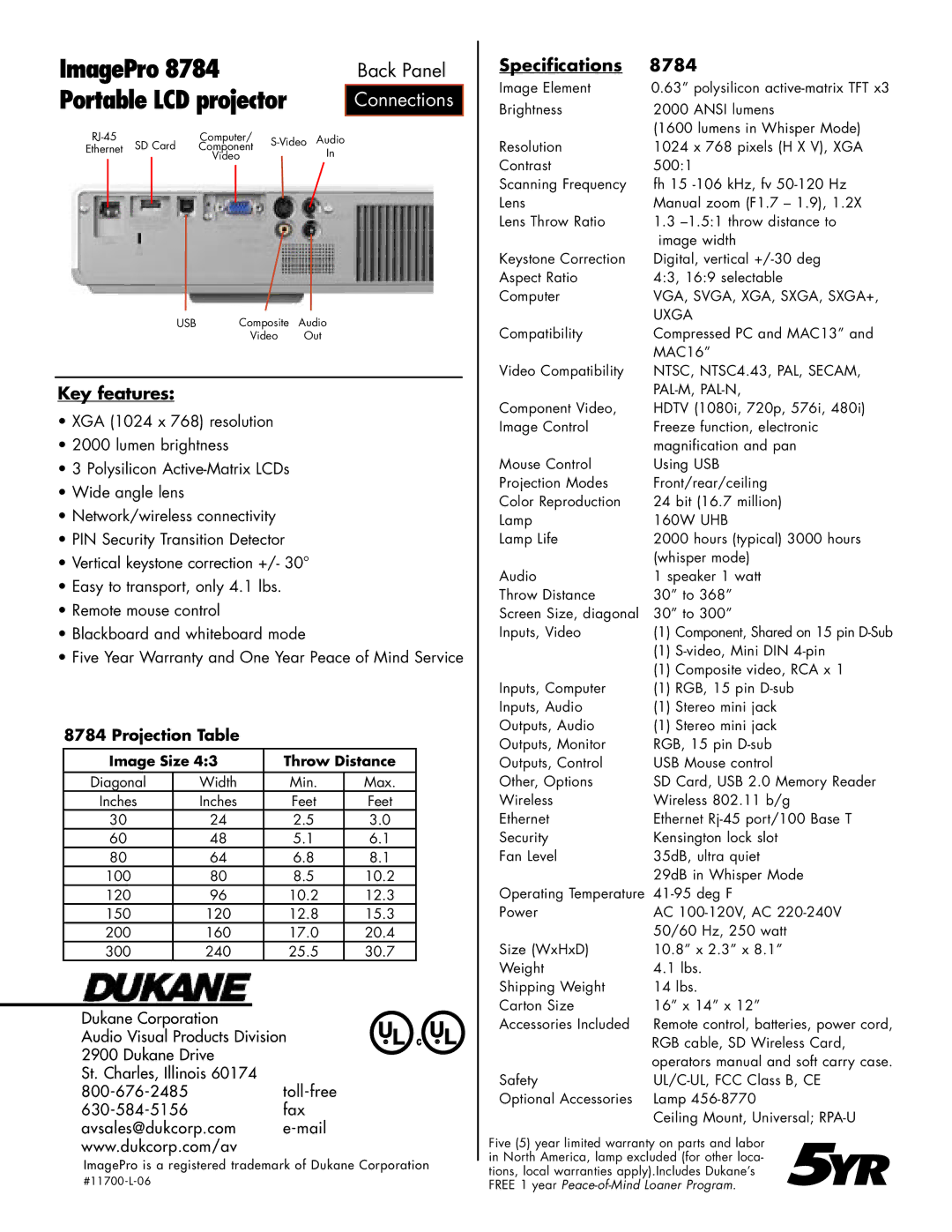 Dukane manual Key features, Specifications 8784 