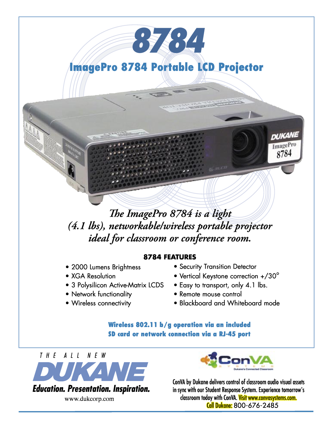 Dukane manual ImagePro 8784 Portable LCD Projector, The ImagePro 8784 is a light, Features 