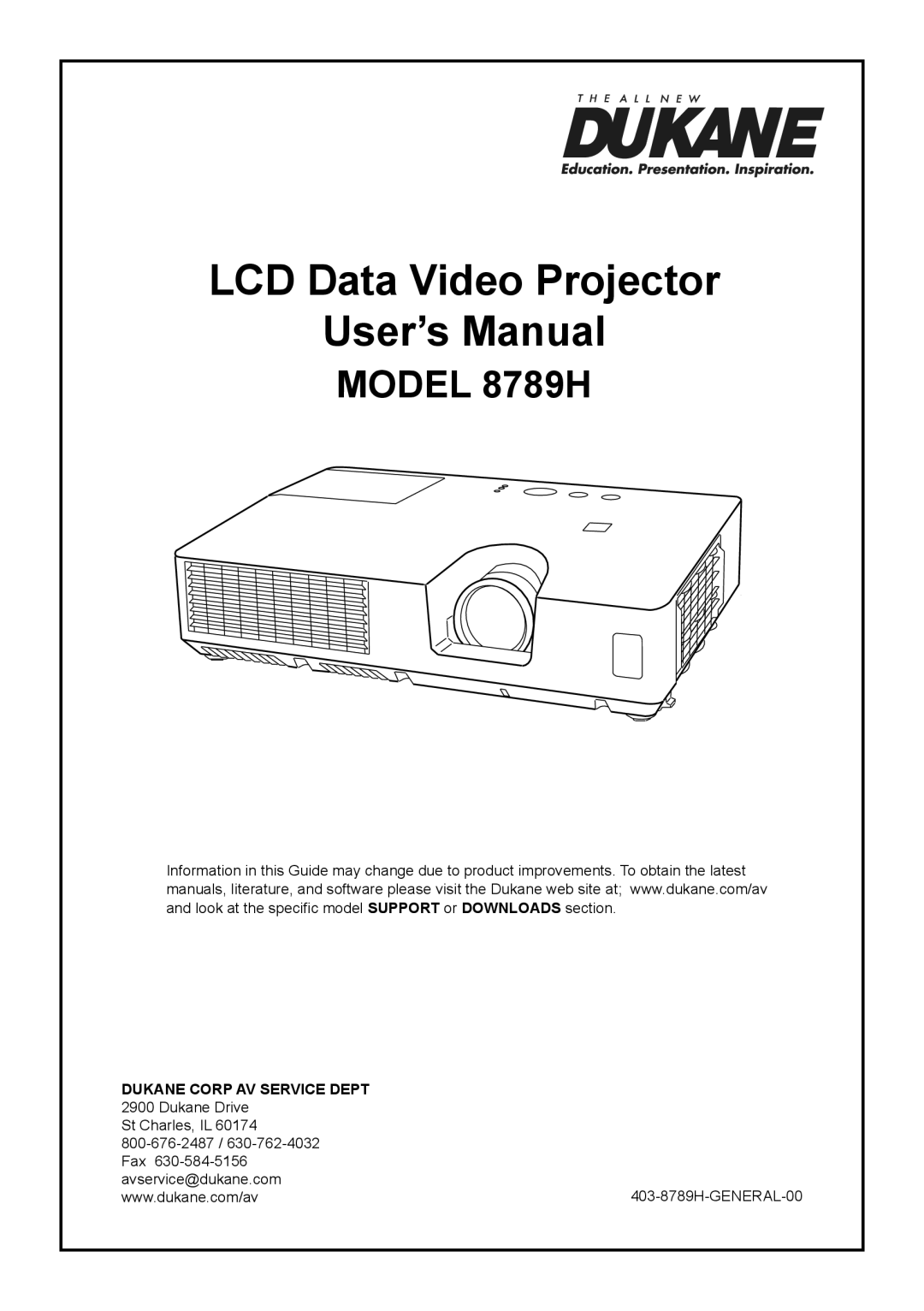 Dukane 8789H user manual LCD Data Video Projector User’s Manual 