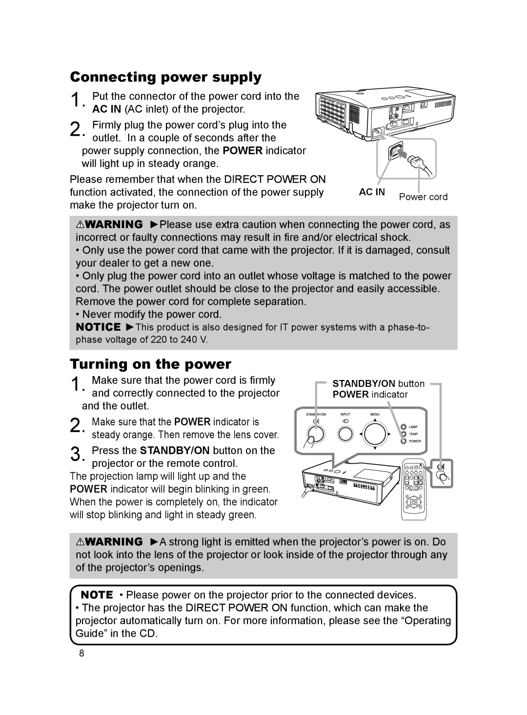 Dukane 8789H user manual Connecting power supply, Turning on the power 