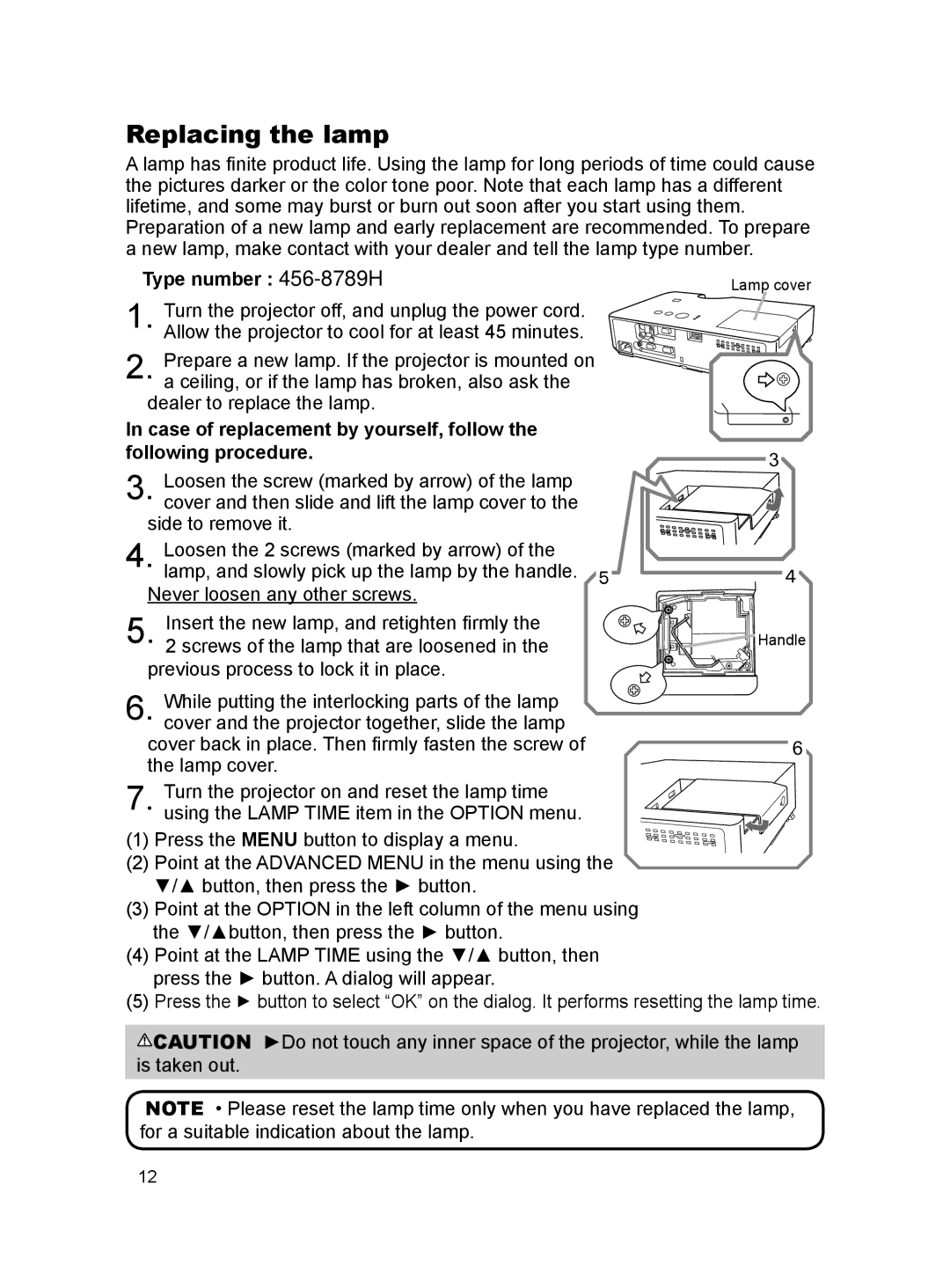 Dukane user manual Replacing the lamp, Type number 456-8789H 