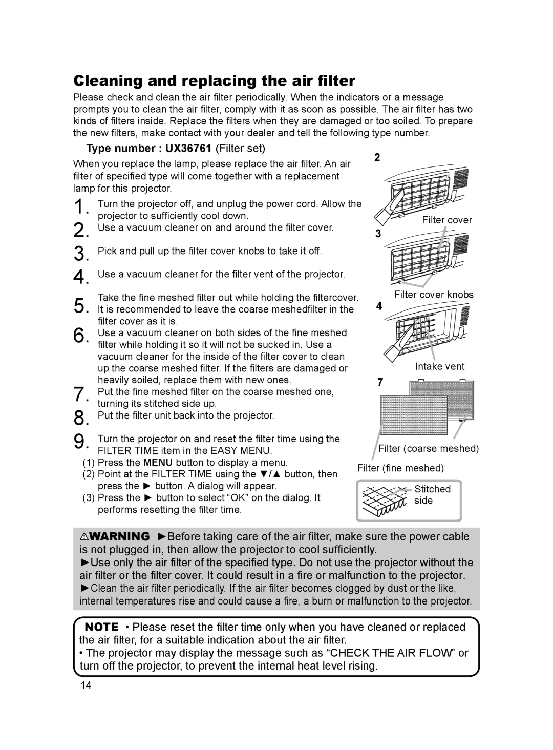 Dukane 8789H user manual Cleaning and replacing the air filter, Type number UX36761 Filter set 