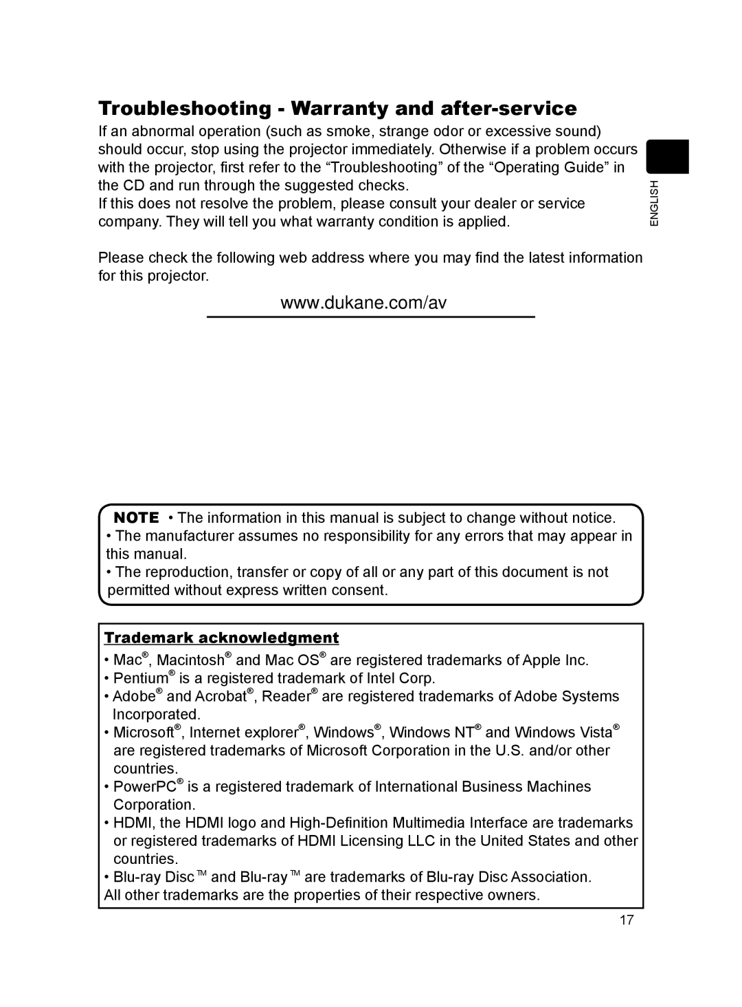 Dukane 8789H user manual Troubleshooting Warranty and after-service, Trademark acknowledgment 