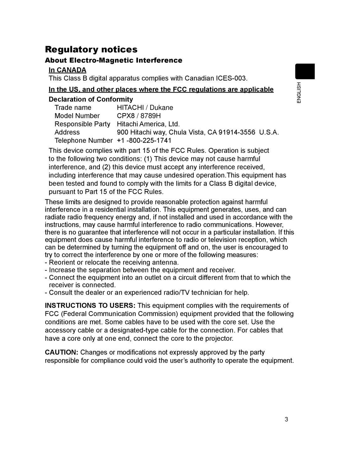 Dukane 8789H user manual Regulatory notices, About Electro-Magnetic Interference Canada 