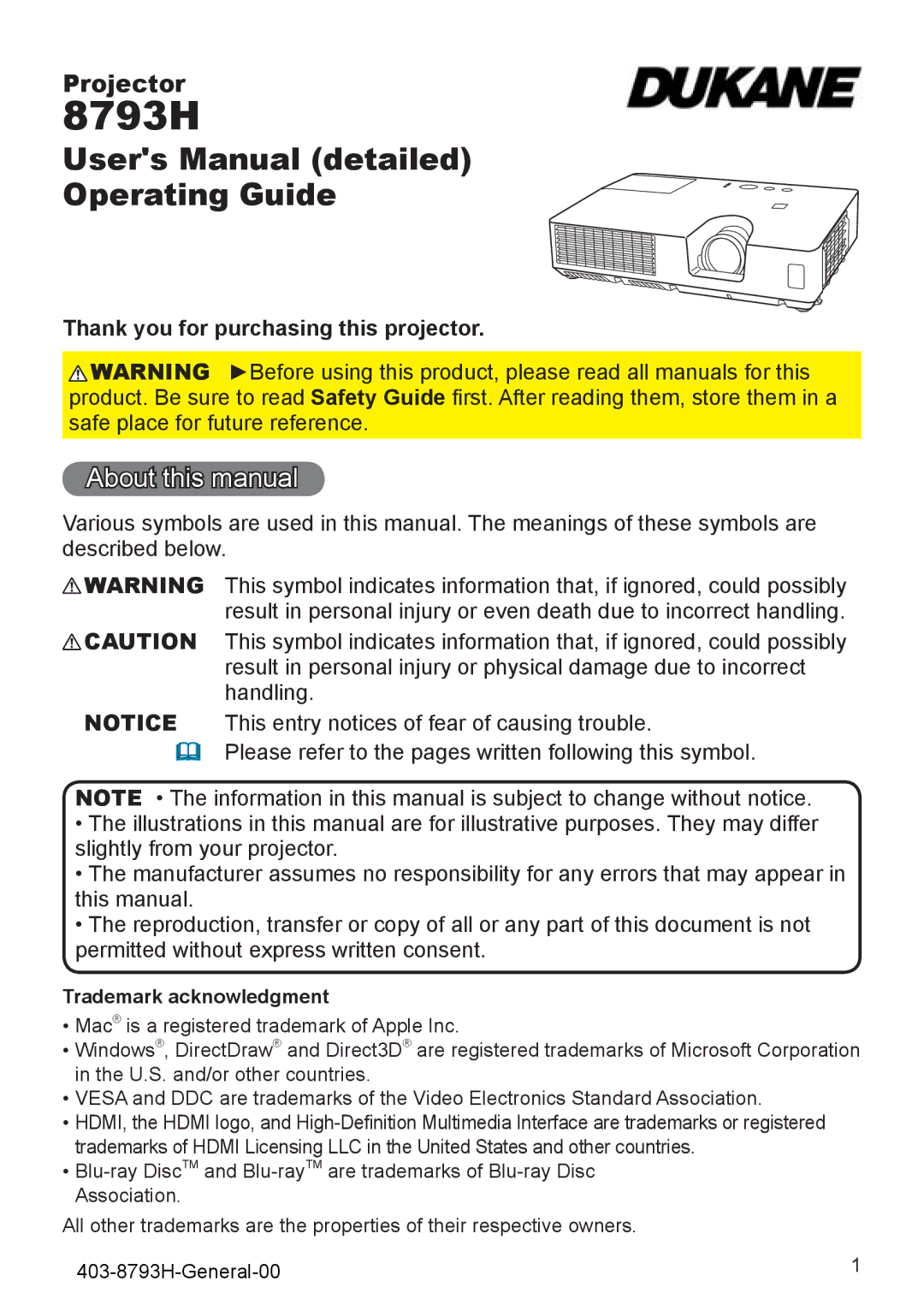 Dukane 8793h user manual About this manual, Thank you for purchasing this projector, Trademark acknowledgment 