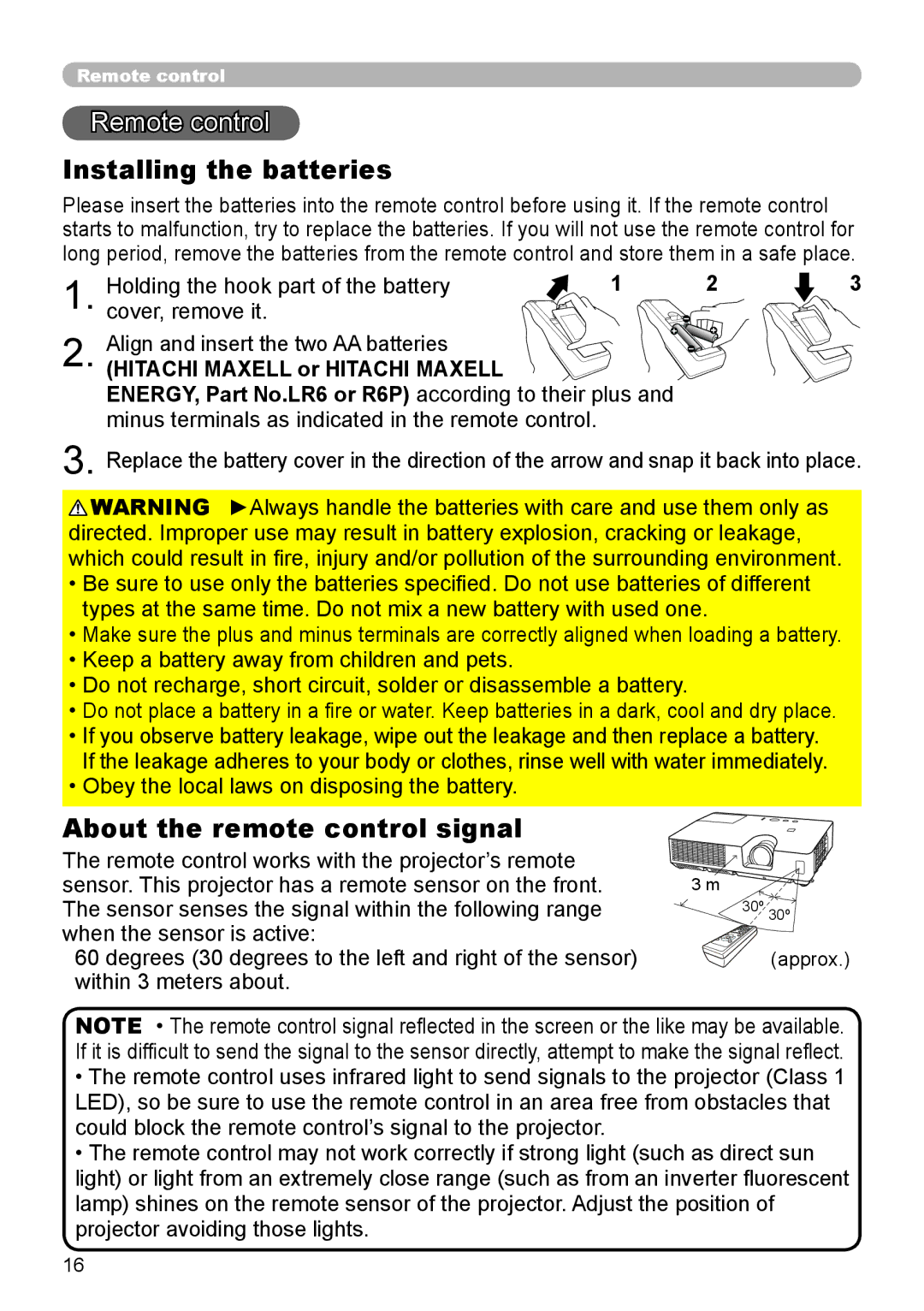 Dukane 8793h user manual Remote control, Installing the batteries, About the remote control signal 