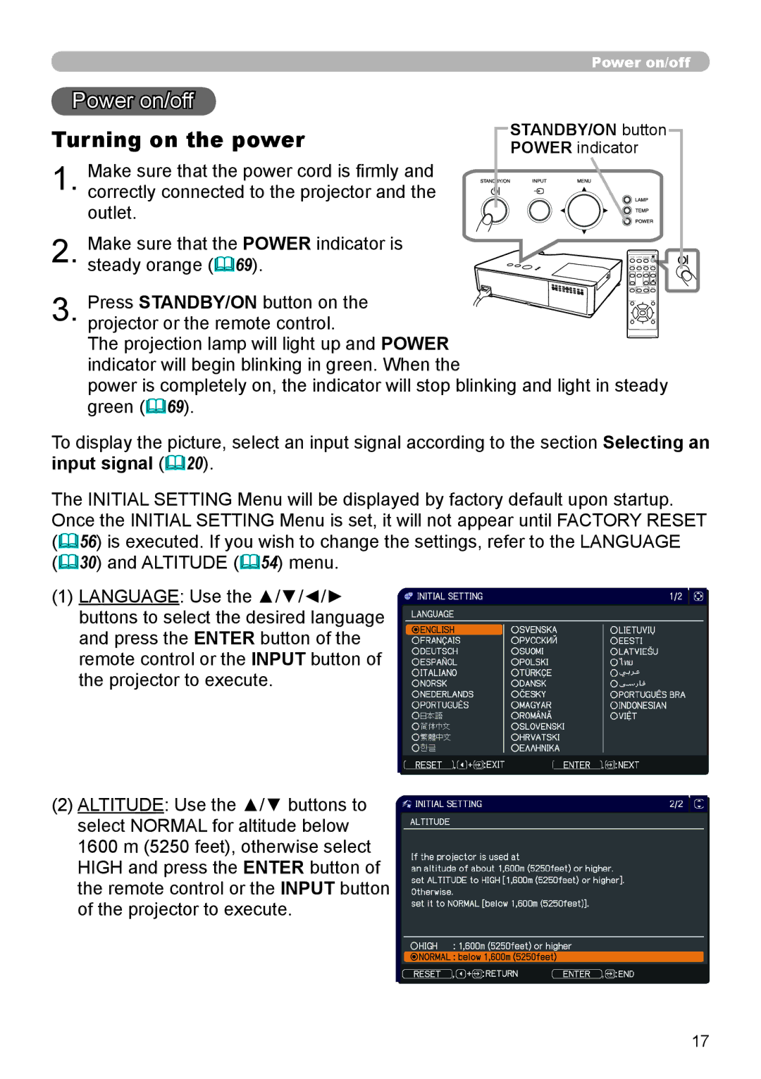 Dukane 8793h user manual Power on/off, Turning on the power, STANDBY/ON button Power indicator 