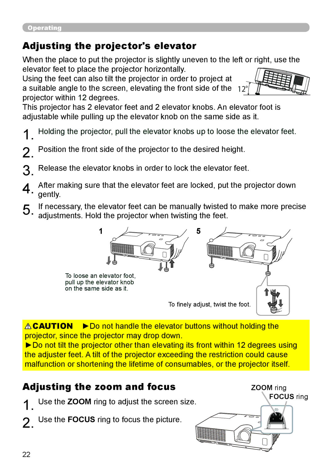 Dukane 8793h user manual Adjusting the projectors elevator, Adjusting the zoom and focus, Zoom ring, Focus ring 