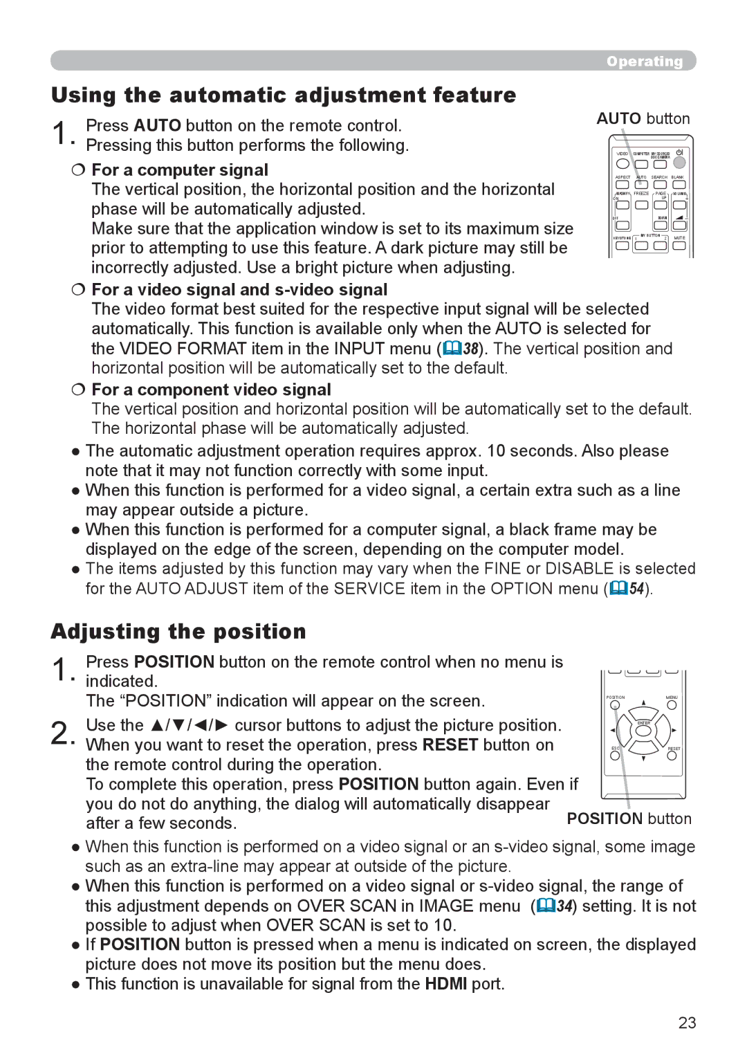 Dukane 8793h Using the automatic adjustment feature, Adjusting the position,  For a video signal and s-video signal 