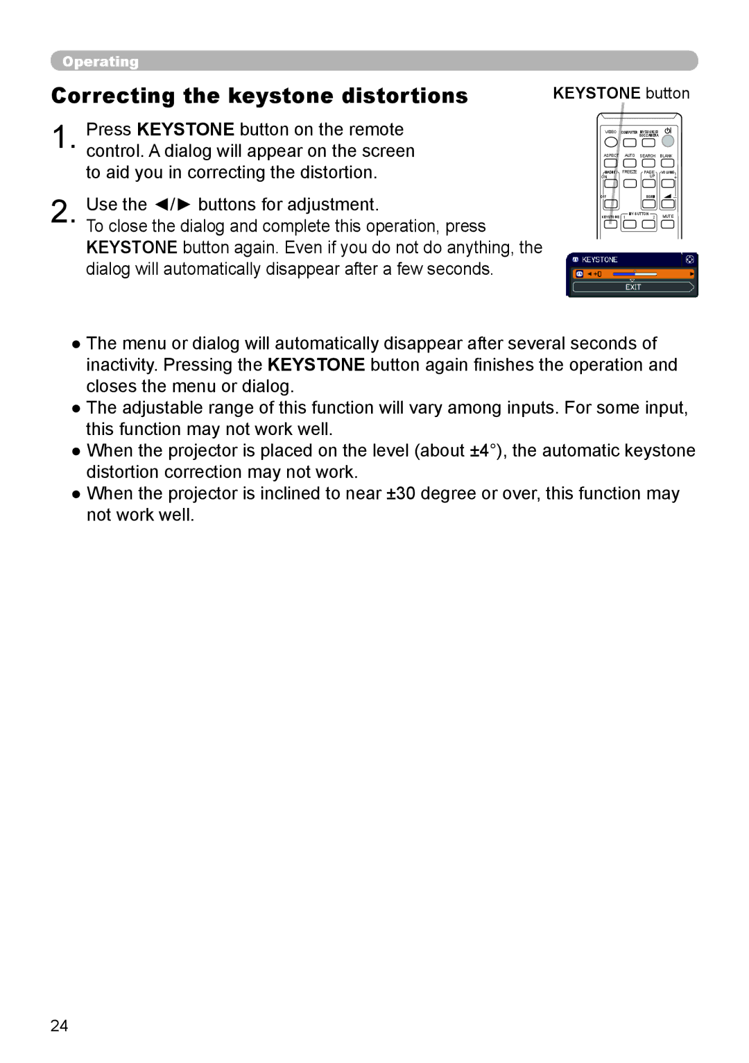 Dukane 8793h user manual Correcting the keystone distortions, Keystone button 