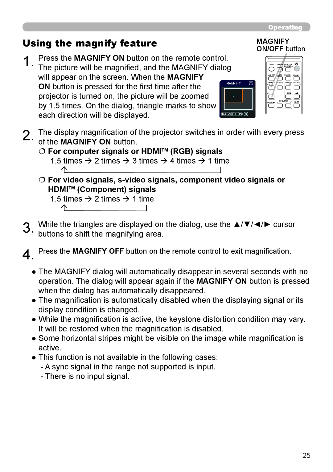 Dukane 8793h user manual Using the magnify feature,  For computer signals or Hdmitm RGB signals, Magnify ON/OFF button 