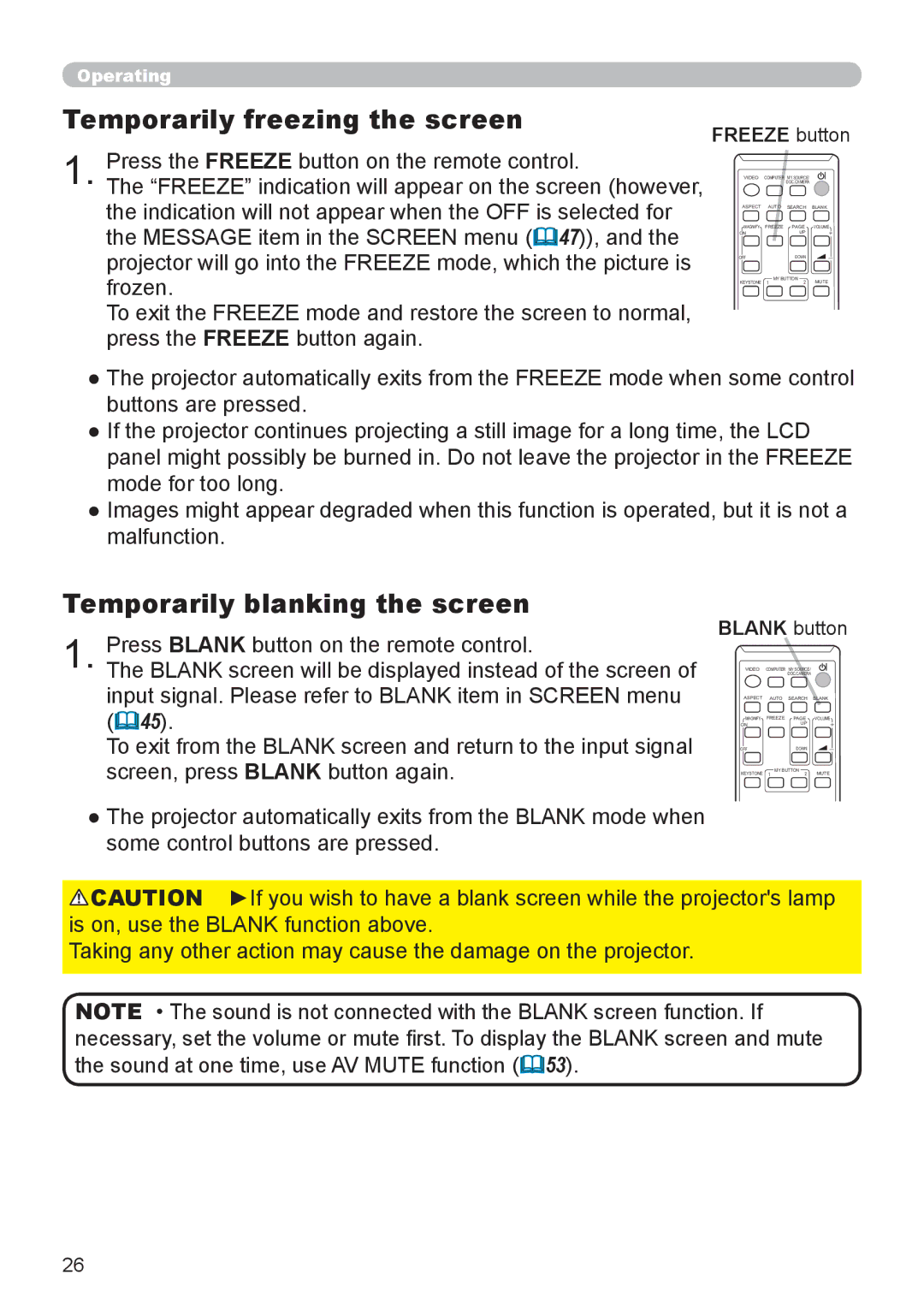 Dukane 8793h user manual Temporarily freezing the screen, Temporarily blanking the screen, Freeze button, Blank button 