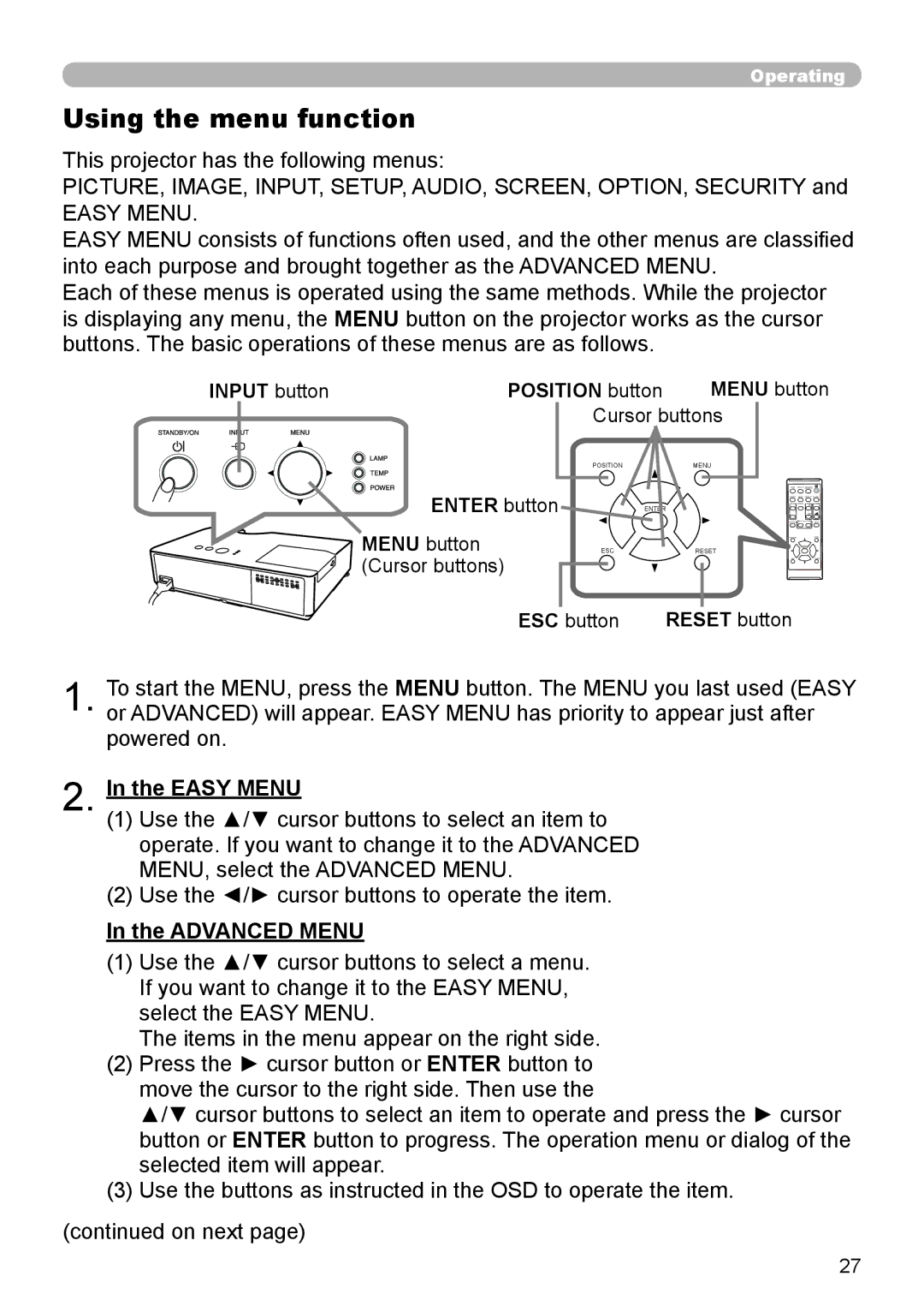 Dukane 8793h user manual Using the menu function, Easy Menu, Advanced Menu 