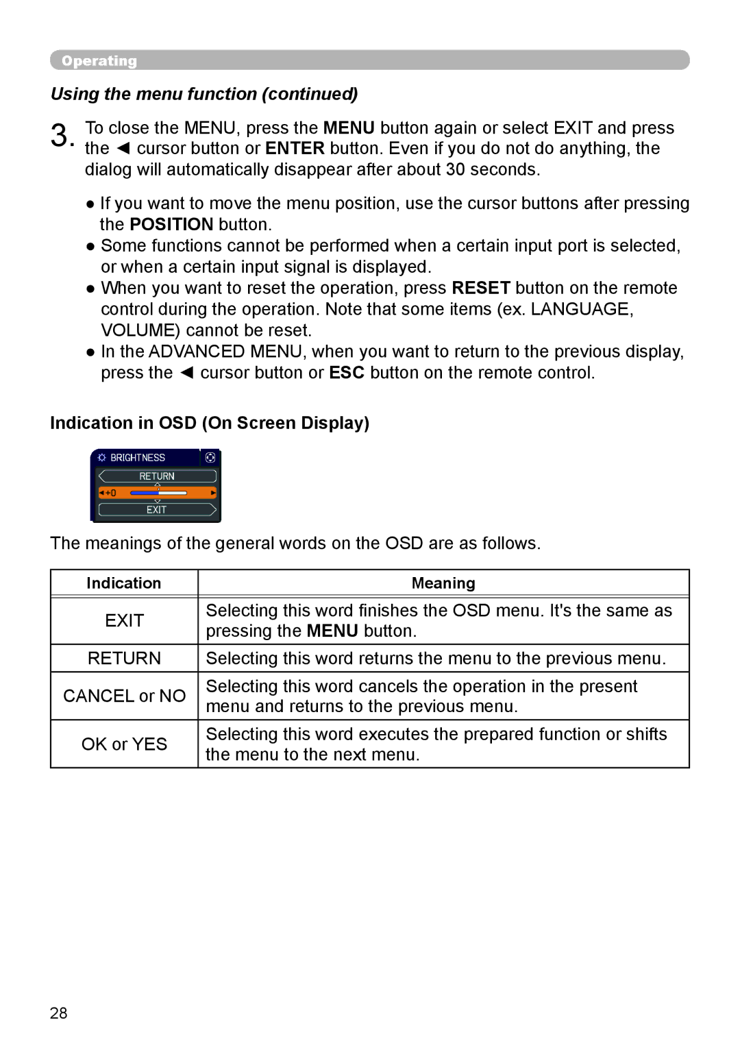 Dukane 8793h user manual Indication in OSD On Screen Display, Indication Meaning 