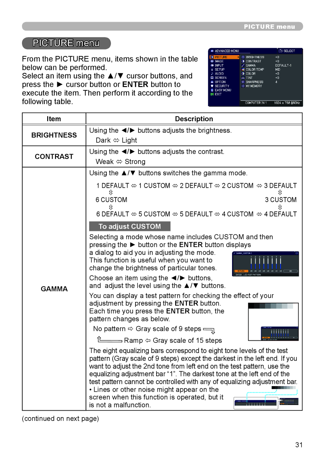 Dukane 8793h user manual Picture menu, Brightness, Contrast, Gamma 