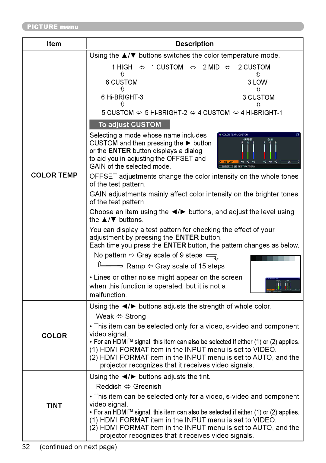 Dukane 8793h user manual High  1 Custom  2 MID , Color Temp, Tint 