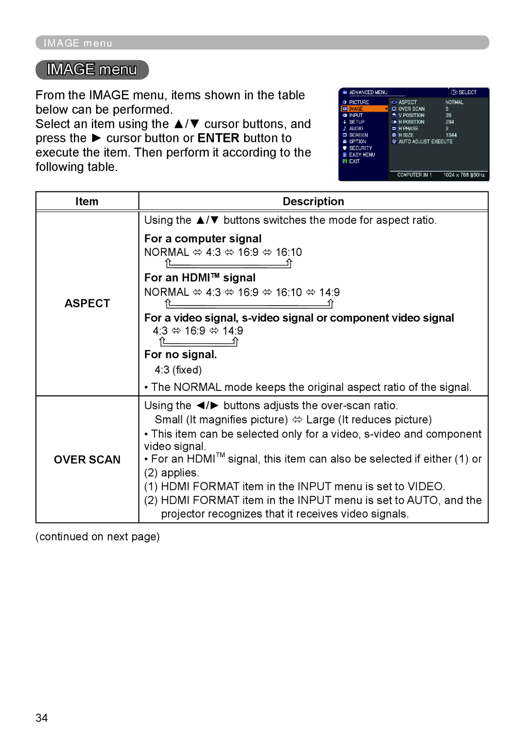 Dukane 8793h user manual Image menu, For a computer signal, For an Hdmitm signal 