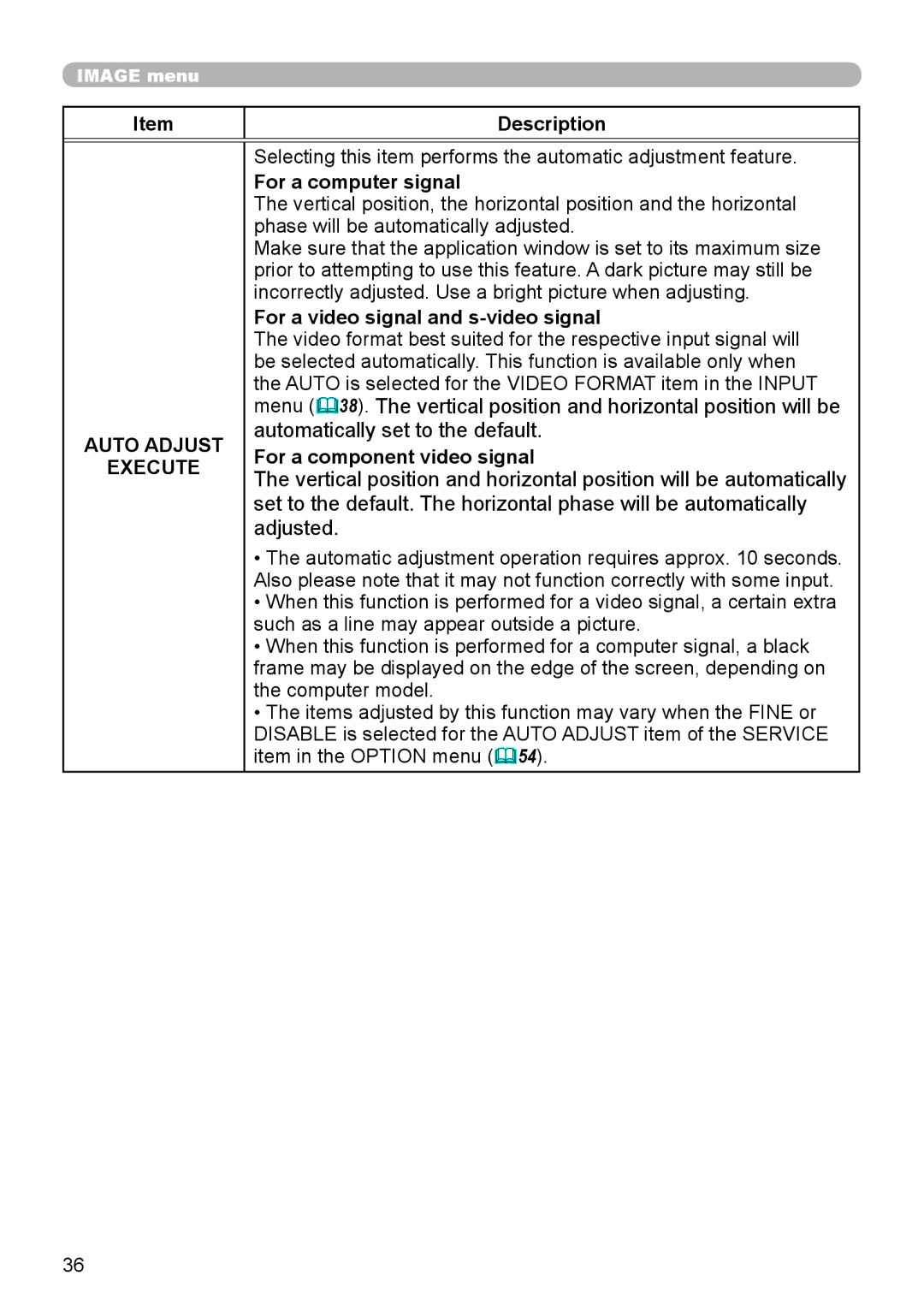 Dukane 8793h user manual Auto Adjust Execute, For a video signal and s-video signal, For a component video signal 