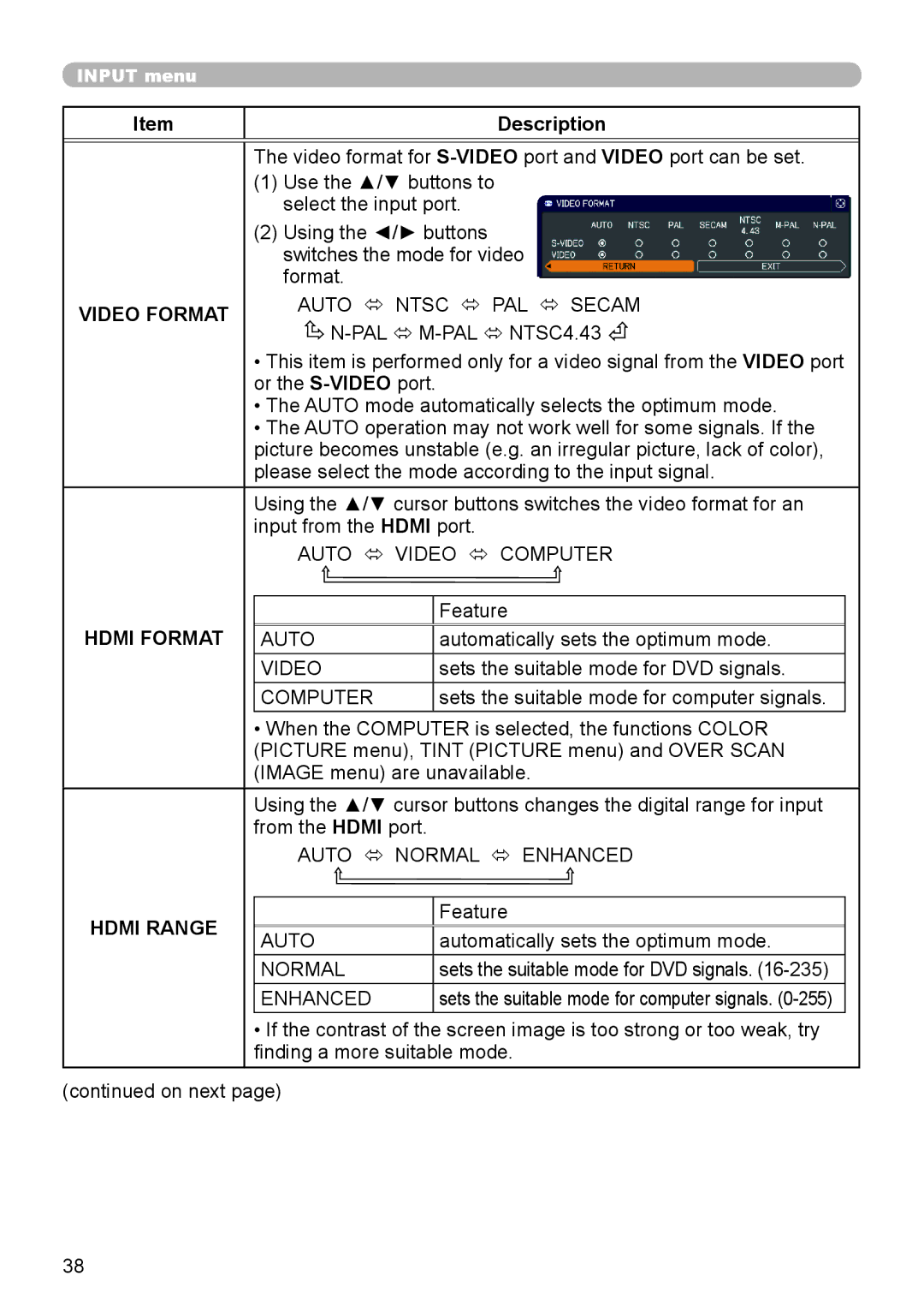 Dukane 8793h user manual Video Format, Hdmi Format, Hdmi Range 