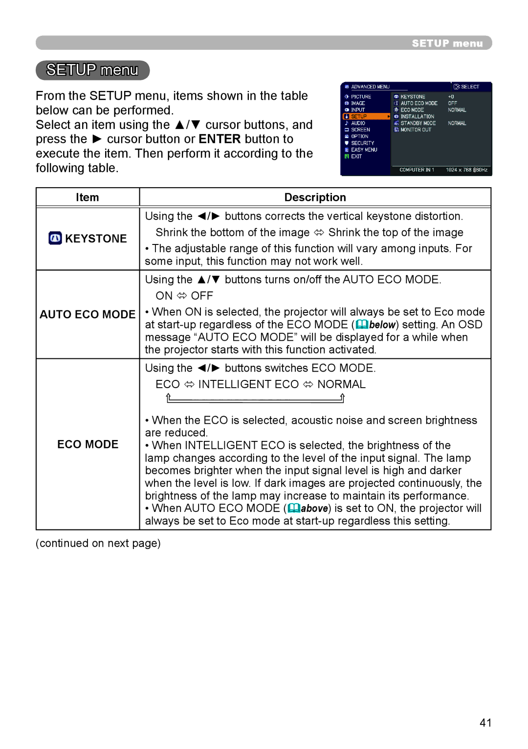 Dukane 8793h user manual Setup menu, Auto ECO Mode 