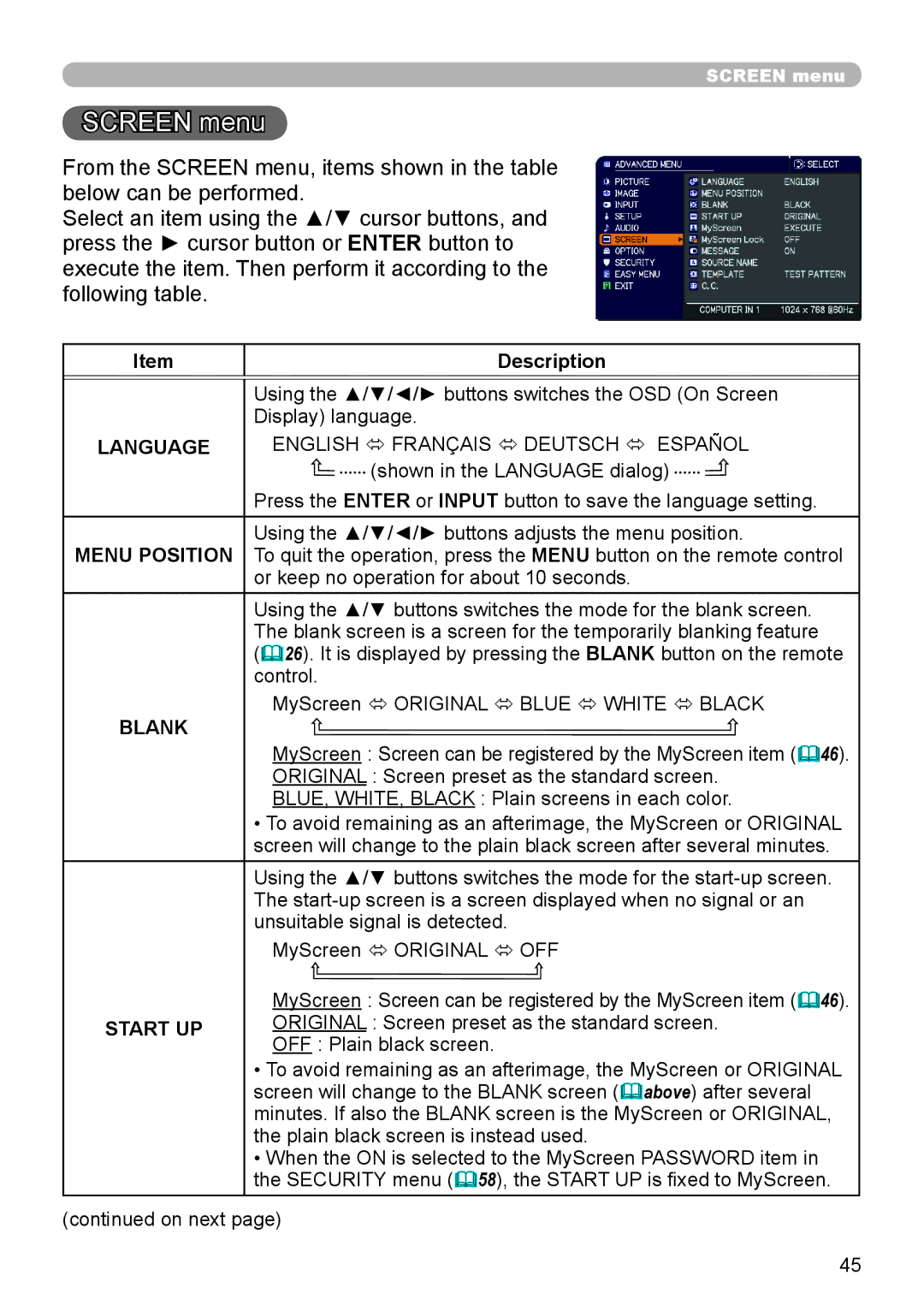 Dukane 8793h user manual Screen menu, Blank, Start UP 