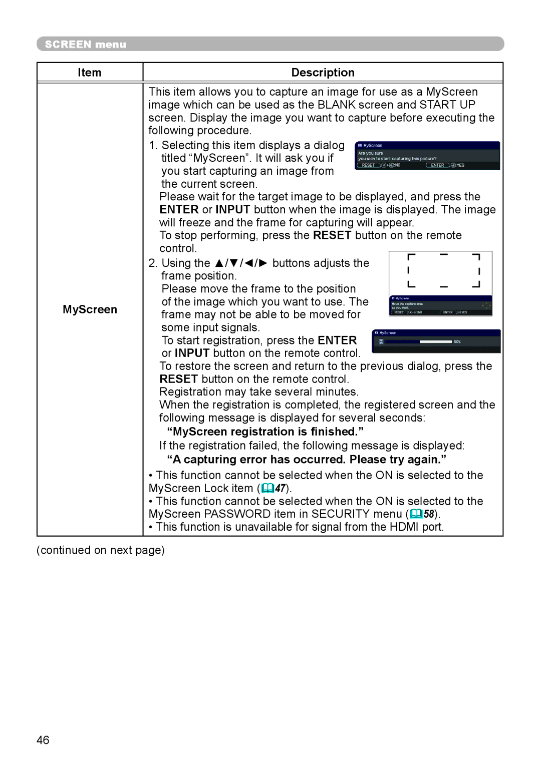 Dukane 8793h Description MyScreen, MyScreen registration is finished, Capturing error has occurred. Please try again 