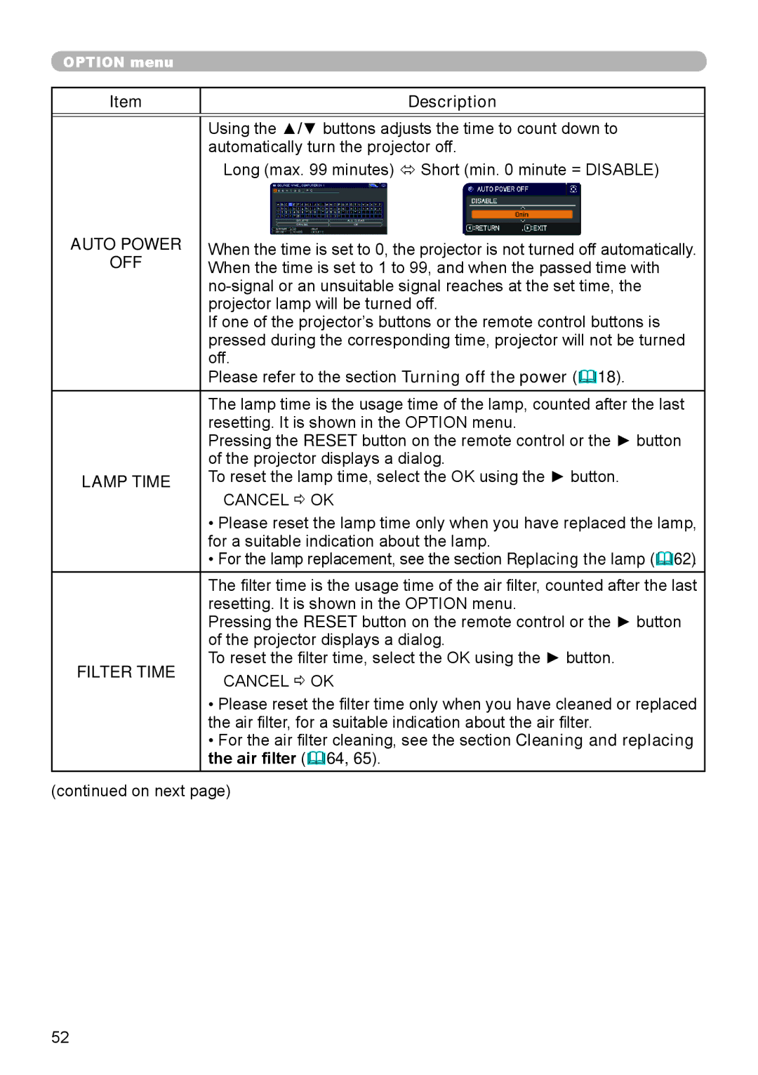 Dukane 8793h user manual Auto Power, Off, Lamp Time, Air filter 64 