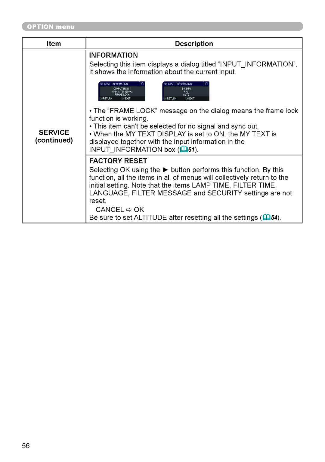 Dukane 8793h user manual Information, It shows the information about the current input, Factory Reset 