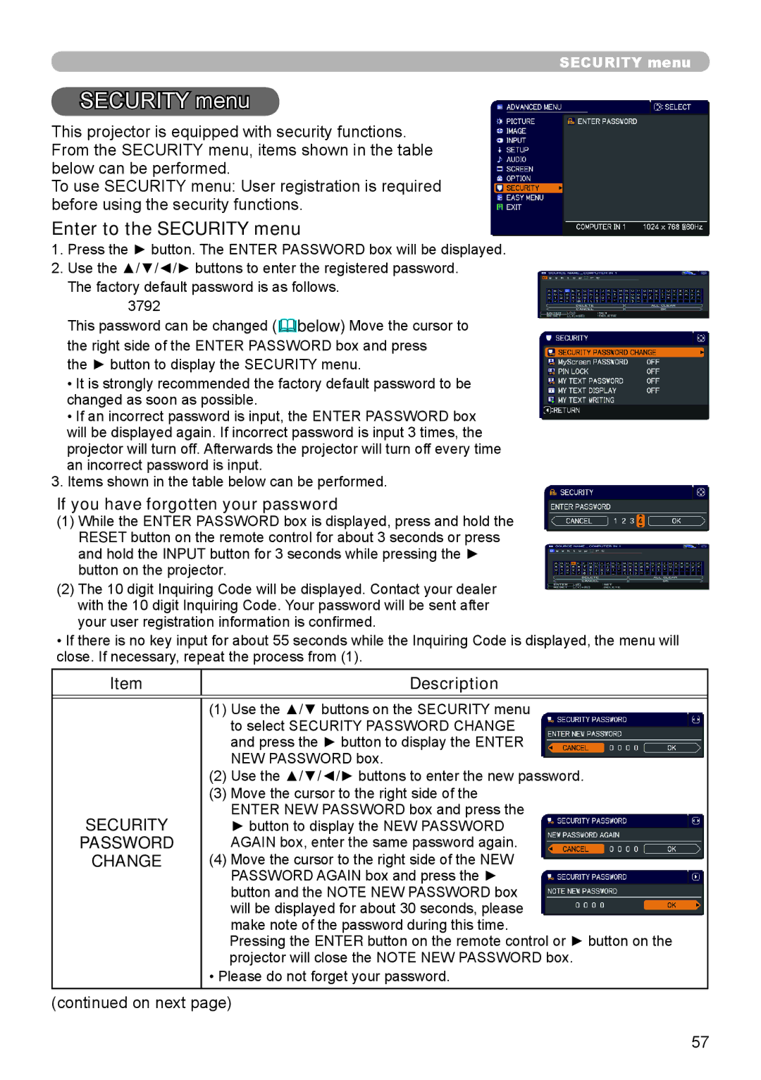 Dukane 8793h user manual Enter to the Security menu, Password, Change 