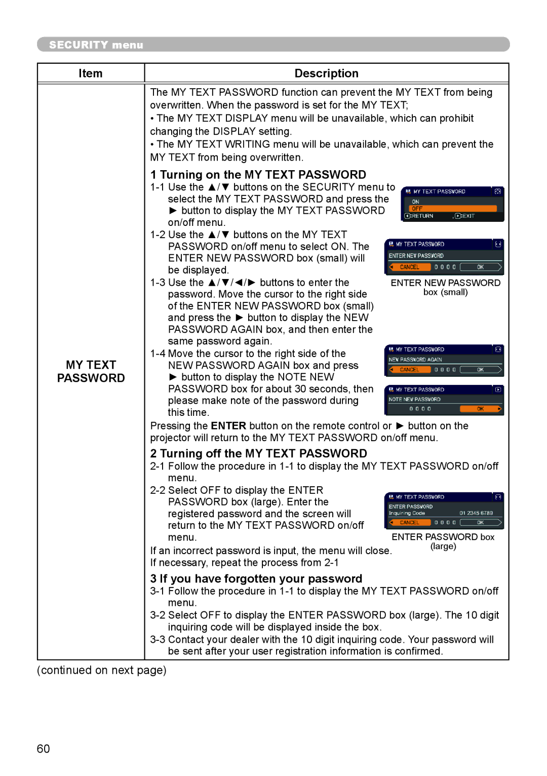 Dukane 8793h user manual Turning on the MY Text Password, Turning off the MY Text Password 