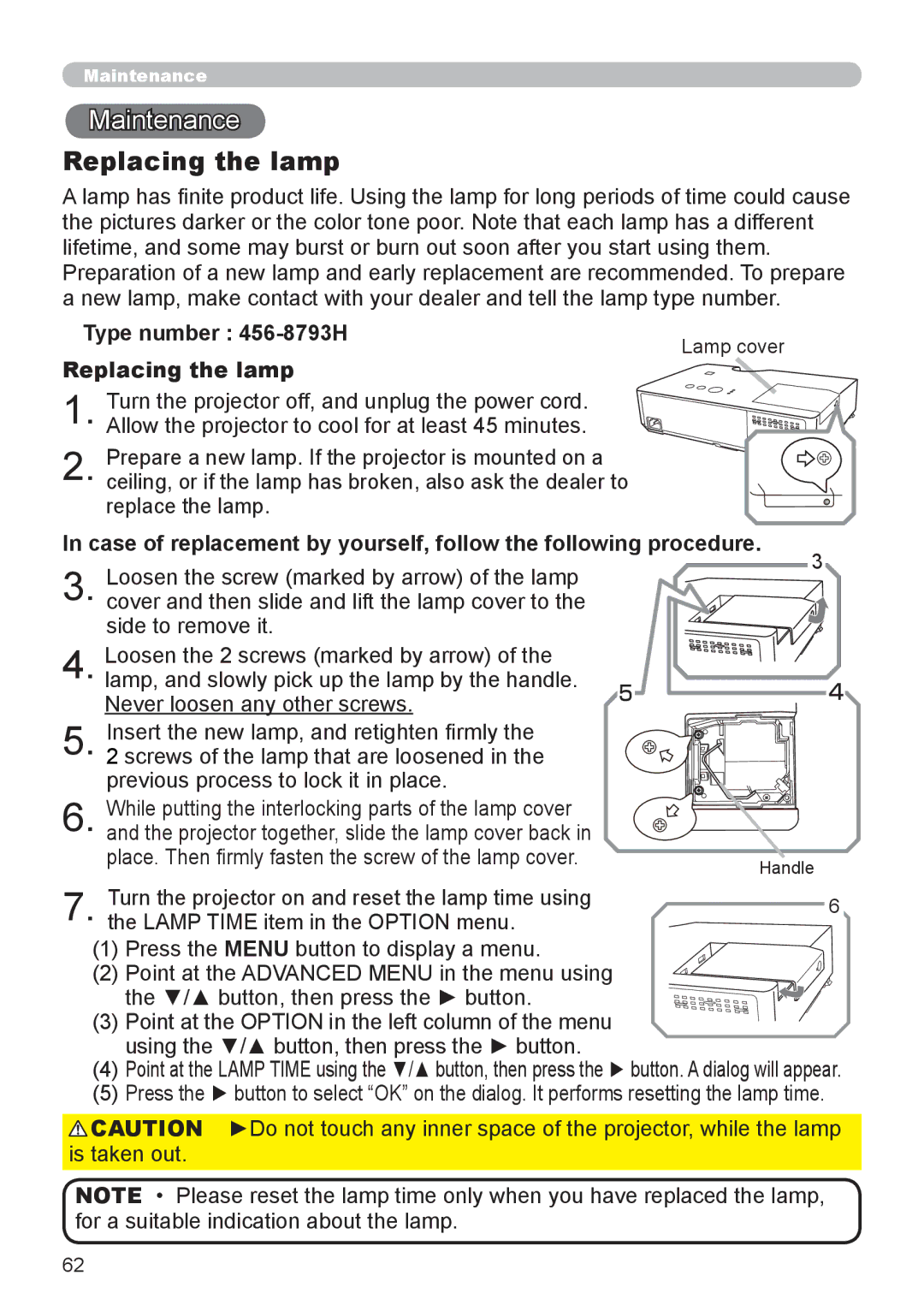 Dukane 8793h user manual Maintenance, Replacing the lamp, Type number 456-8793H 