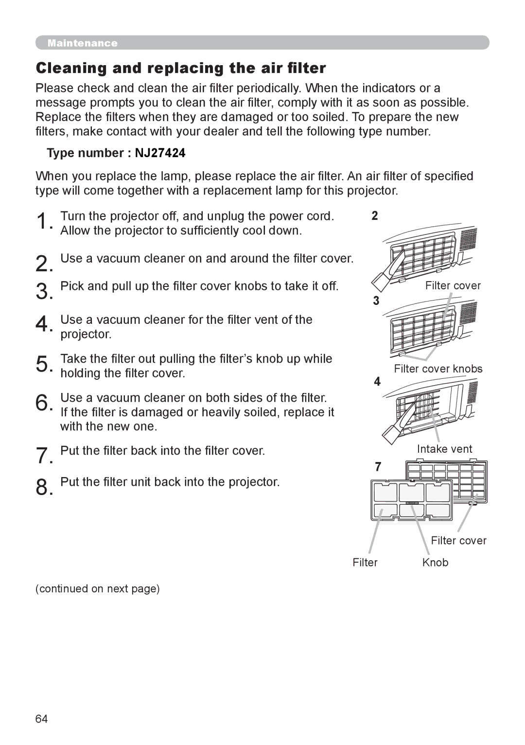 Dukane 8793h user manual Cleaning and replacing the air filter, Type number NJ27424 