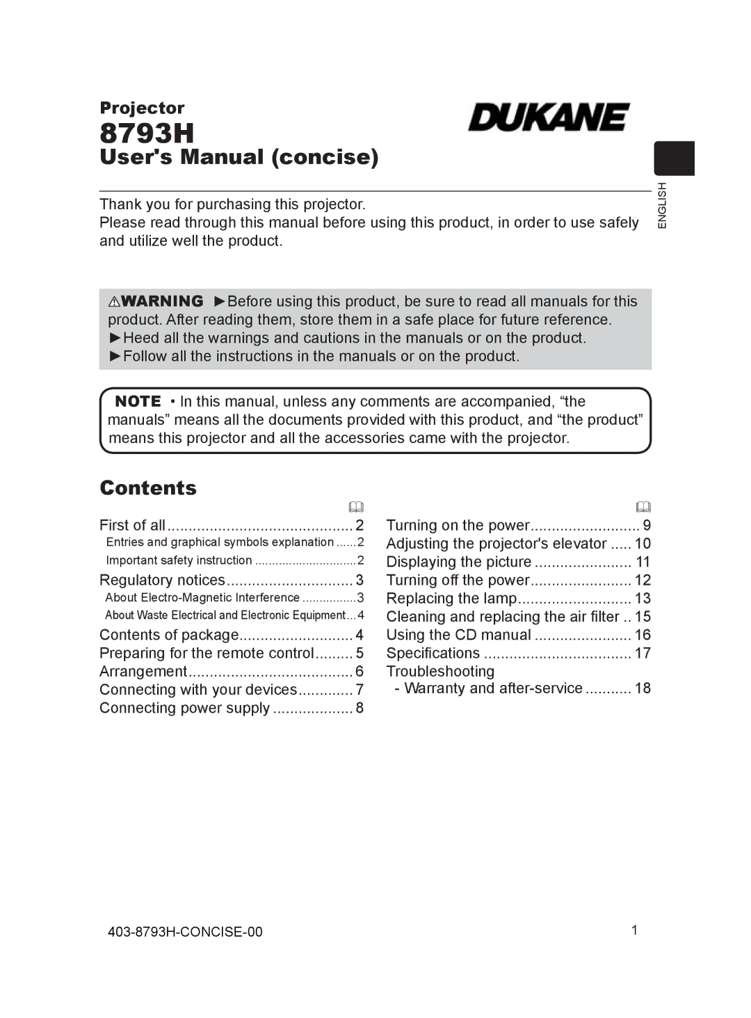 Dukane 8793h user manual 8793H, Contents 